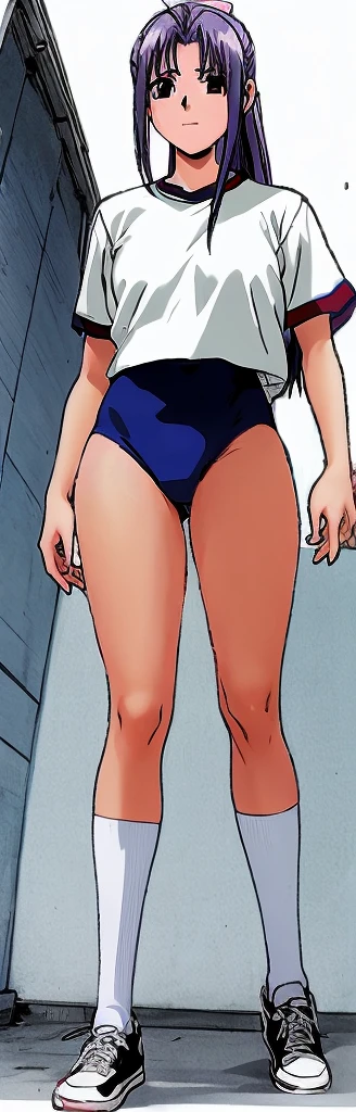 Momoko Koigakubo, a tall girl with beautiful legs, is standing from behind in a white gym uniform and light-colored navy blue bloomers that look like panties.。