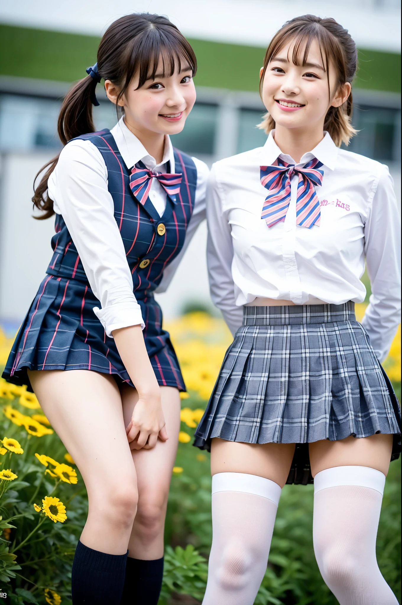 2 girls hopping in school flower field,white shirt with pink bow tie,gray plaid pleated micro mini-skirt,white panties,white over-the-knee socks,18-year-old,bangs,a little smile,thighs,knees,short hair and low pigtails with barrette,from below,front light