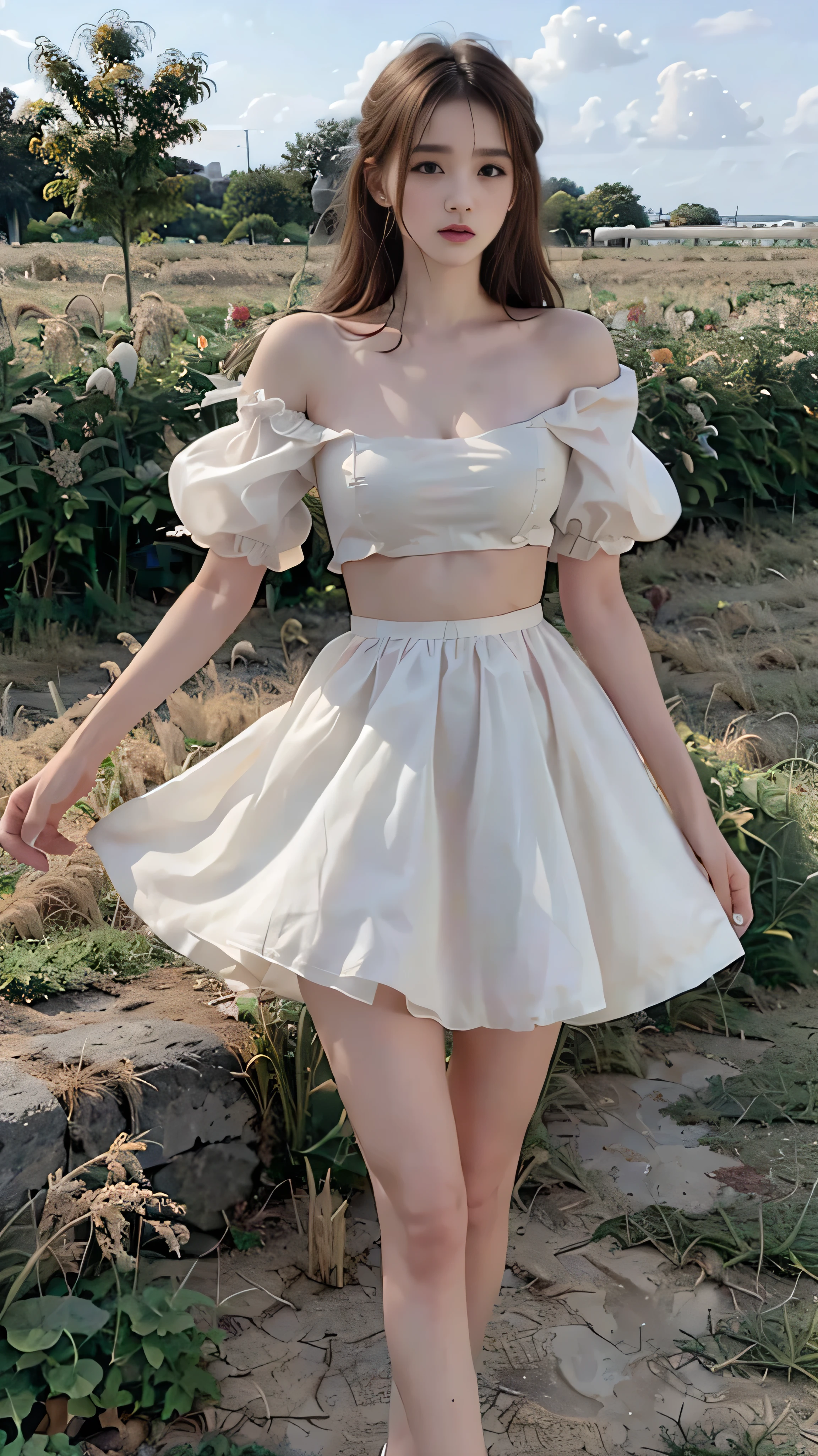 wearing puff_dress,, masterpiece，best quality，high quality，High definition，High quality textures，High quality shadows，High details，beautiful details，fine details，Extremely detailed CG，Detailed texture，Lifelike facial expression，lifelike，rich and colorful，exquisite，sharp focus，(intricate detailake up，PureErosFace_V1:0.5)，(Beautiful details, exquisite face，(Beautiful details, exquisite eyes)，Perfectly proportioned face，highDetails of the skin，Details of the skin，Four fingers and one thumb in optimal proportions，emaciated:1.3)，1 girl，17 years old，high，(Smooth abdominal muscles:1.55)，(abdominal muscles:0.5)，pretty，Perfect，high，((very long legs)), ((Big breasts, plump breasts, cleavage)), ((bare shoulders)), ((The skirt is short)), (long legs)，(straight legs)，(thin waist)，((White skin))，White skin，((White skin))，(emma watson)，Big breasts，((Caucasian))，light blonde hair，Stand with legs apart，looking at the audience，whole body，Portrait of cute blonde girl，((Standing in the wheat field,Look into the distance))，bloom，orange mist，sports，Wisps of hair，lifelike，High quality rendering，amazing art，high quality，film texture，Fujifilm XT3，dream