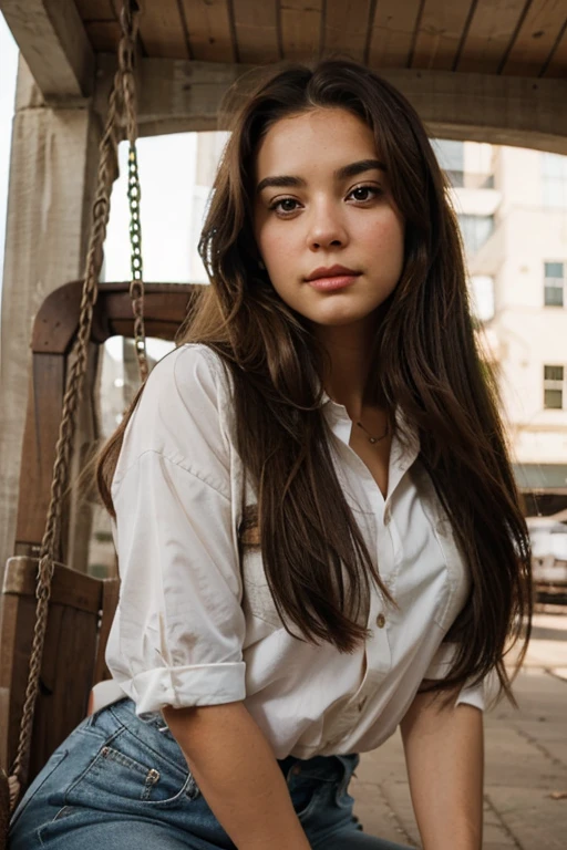 girl with long hair and brown eyes, swinging