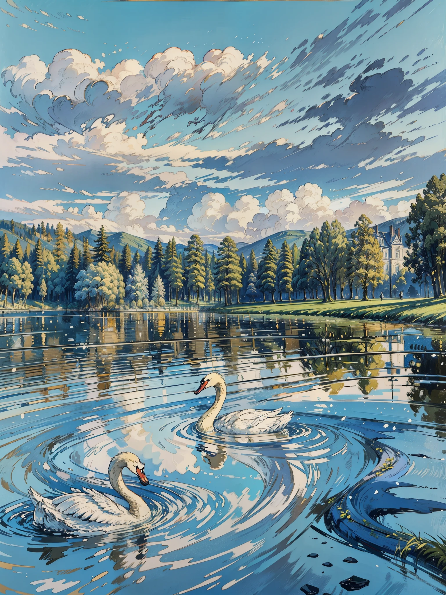 a painting of two swans swimming in a lake, by Alexandre Benois, by David Hockney, by Wolfgang Zelmer, by John Wonnacott, two swans swimming on the lake, david bates, high reflections oil, inspired by Alexandre Benois, by Edmund Blampied, historic artworks society, by Peter Snow, highly detailed brushstrokes