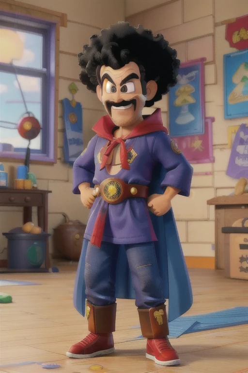 Mr. Satan,One boy, alone,Cowboy Shot, Black Hair,blue eyes, (Blue Dugi),brown championship belt,yellow pants,(Red Cape),Grin, Flex,View your viewers,moustache,Afro, Gym, indoor,,View your viewers,chest hair,Muscular man,(highest quality, masterpiece)  