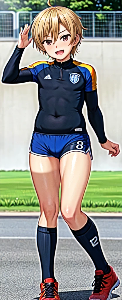 (((Official Art,Ultra-thin illustration,High resolution, Mastepiece, Best Quality,Best Quality,)))high quality, detailed, (),12 year ol)、 A young, ace striker male idol with a super cute face,A boy as beautiful as Planding, Smiling cool handsome face, soccer spike, Beautiful long legs, Thighs, Foots, No bulge, (Blonde、Short Hair)、Shiny Hair, (Tight shiny random color soccer uniform suit), (Very short soccer belly shorts), (Long soccer socks), Grassland, Cool pose, (厚いThighs、Seducing a big ass into your crotch)、(((Soccer field in the park)))、((Saucy))、Grinning、Spread legs,Ultra-fine painting, (Best Quality, 8K, High resolution, Mastepiece:1.2),Service shot、((detailedな目:1.2))、Showing off her big ass、Proud ass、(detailedな脚)