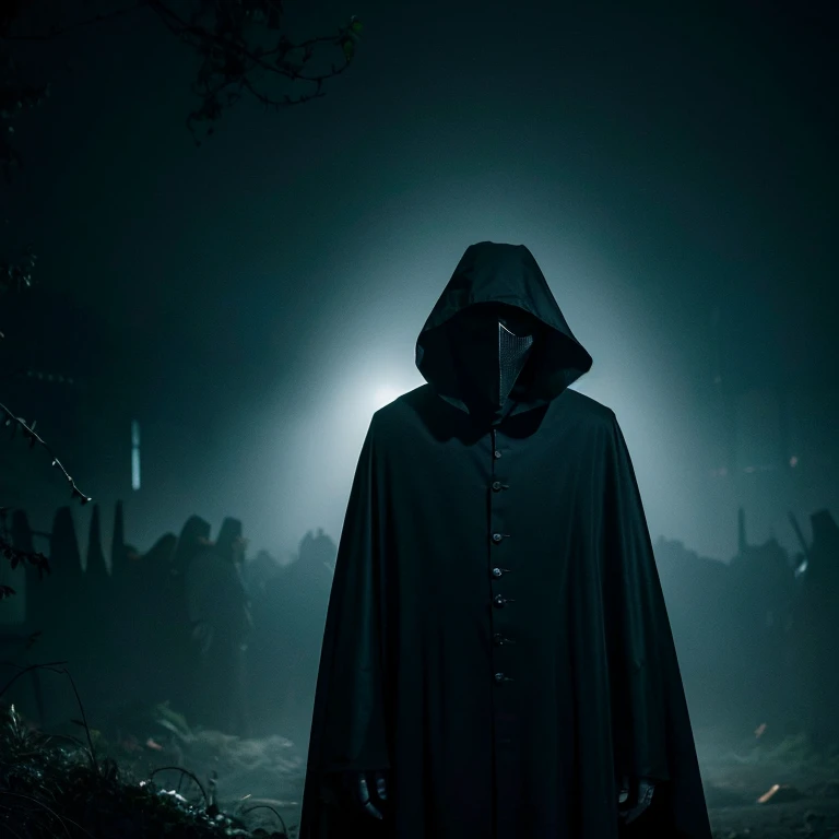 A plague doctor stands in the dark in a black outfit。