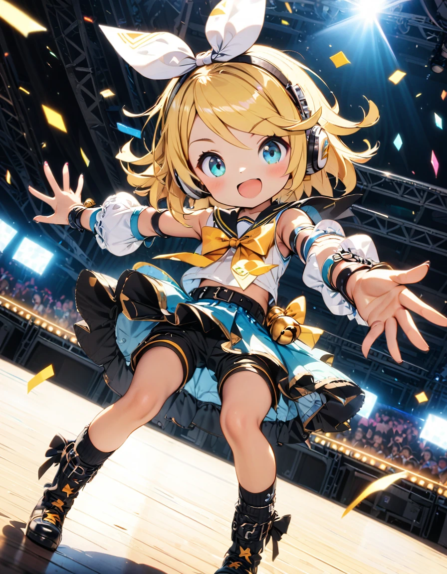 KAGAMINE RIN\(vocaloid\),solo,1female\(cute,kawaii,,KAGAMINE RIN\(vocaloid\),light yellow hair, short hair,red tattoo of numbers"02" on shoulder,(big white bow),sleeveless white shirt,detached black arm bell sleeves,(arm sleeves are black bell sleeves:1.2),belt,sailor collar,yellow wide tie,white headphones,black shorts,black  knee high leg warmers,yellow key strap at belt,open shoulder,singing and dancing,(very cute pose),(korean idol pose),dynamic pose,(cute big smile),(full body),looking away\), BREAK ,background\((live stage),colorful confetti,pastel color spotlights,(many colorful music notes),(many audience waving yellow glow sticks at audience seats),\), BREAK ,quality\(8k,wallpaper of extremely detailed CG unit, ​masterpiece,hight resolution,top-quality,top-quality real texture skin,hyper realisitic,increase the resolution,RAW photos,best qualtiy,highly detailed,the wallpaper,cinematic lighting,ray trace,golden ratio\),RIN is so so cute,dynamic angle,long shot,wide shot,(aerial view:0.3)