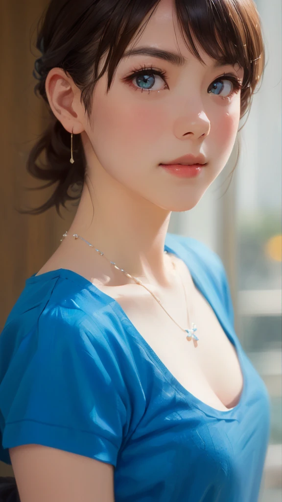 There is a woman wearing a blue shirt and a necklace., Girl cute beautiful face, A lovely and delicate face, Attractive neck, Beautiful and delicate face, by Torii Kiyomoto, 🤤 Portrait of a Girl, 8k art germany bokeh, Portrait Cute-beautiful-face, Soft light from the side