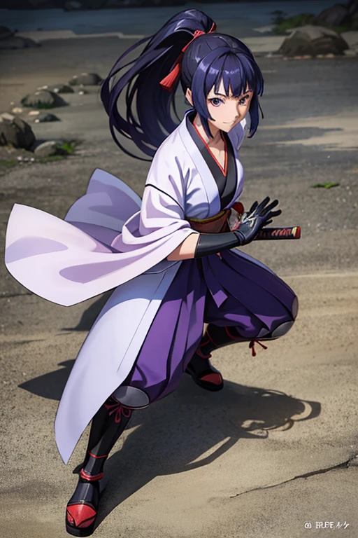 Anime Art、Full body portrait、Samurai in the Shadowrun world、A woman, about 155cm tall and about 36 years old, wearing a purple kimono and red hakama, striking an Iai stance、Short medium ponytail black hair、Smiling fearlessly.、Flat chest、gloves、Platform boots、Arm guard