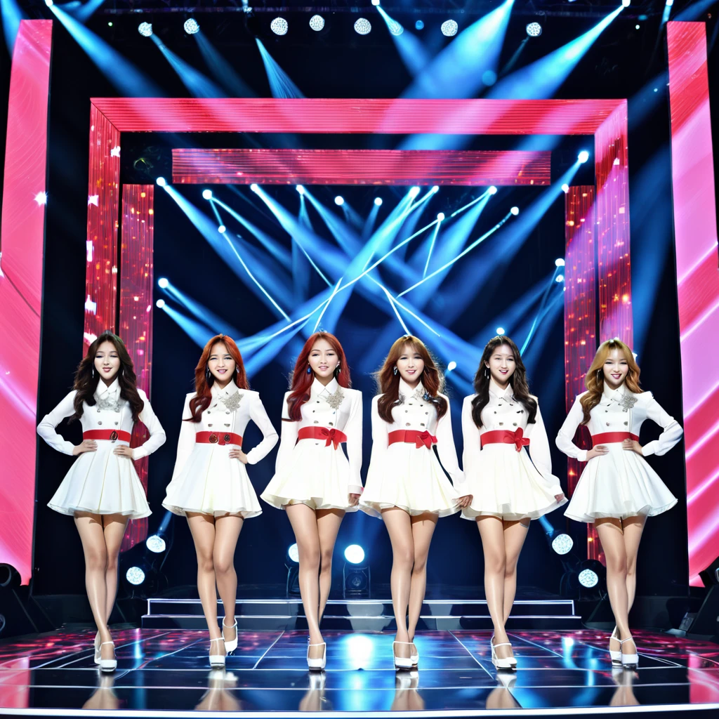 (masterpiece), highly detailed, 8k, raw photo,idol stage, 5girls kpop idols dancing on stage, microphone