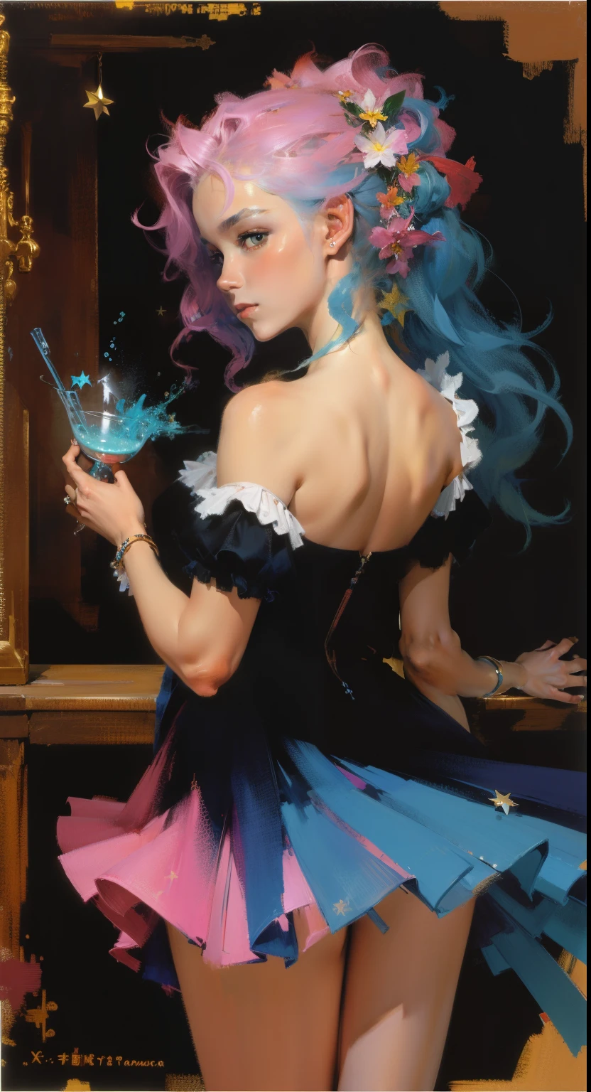 （tmasterpiece，top-quality，best qualityer，，offcial art，Beauty and aesthetics：1.2），（1girll：1.3），（s fractal art：1.3），very short skirt from behind, The upper part of the body，Elegant dress，seen from the side，looking at viewert，（rainbow colour hair，The color hair，Half blue and half pink hair：1.2），Eau，liquids，​​clouds，Colorful，Starry，As estrelas，