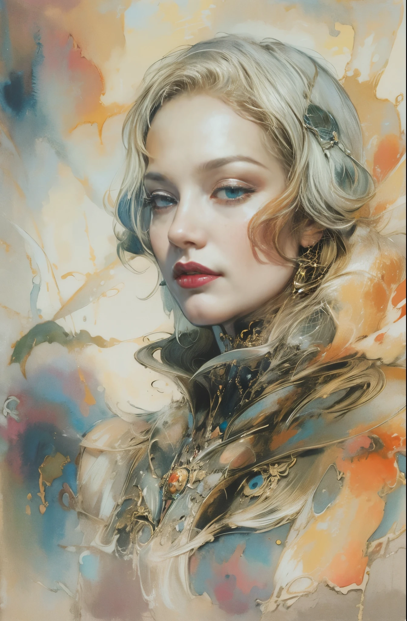 A beautiful portrait of a female pilot, Marlene Dietrich, Icons of decadence, pretty much beautiful face, Ultra-detailed paintings inspired by WLOP, ArtStation Trends, Fantasy art, intricate WLOP, art of WLOP, WLOPart, WLOP |, the style of WLOP, Beautiful character drawings, WLOP painting style, WLOP | art germ, Unparalleled Beauty Tumbler, Figurative art, Intense watercolor, Watercolor detailed art, Watercolor splash, Surreal, Avant-garde pop art, Beautiful and expressive paintings, Beautiful artwork illustration, Very colorful tones, wonderful, Cool Beauty, masterpiece, highest quality, Official Art, women only, Sharp contours, Best Shot, Vector art, By Sandra Chevrier, Dave McKean、Richard Avedon、By Makiej Kusiala, Bright design