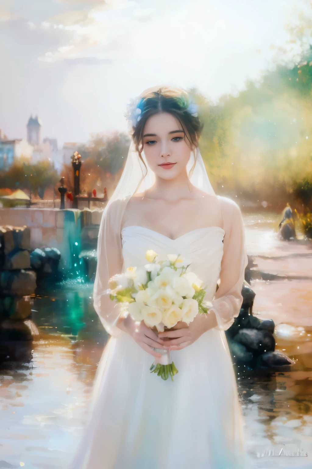 "(best quality,ultra-detailed),water element angel from lake,beautiful detailed eyes,beautiful detailed lips,flowing white dress,ethereal beauty,long flowy hair,golden halo,sparkling water drops,floating wings,soft ethereal light,impressionist painting style,vibrant colors,pastel color palette"