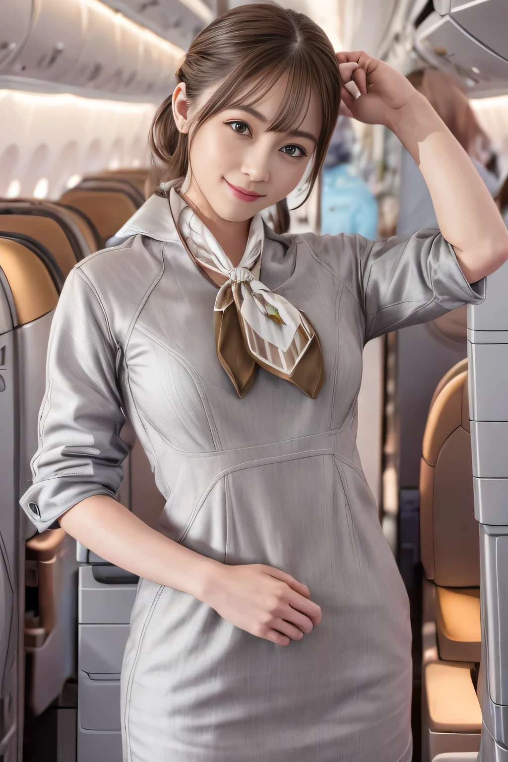 (masterpiece:1.2、highest quality:1.2)、32K HDR、High resolution、(alone、1 girl、Slim figure)、（Realistic style with Starlux Airlines uniform）、 (On board a passenger aircraft, Professional Lighting)、A proper woman, Beautiful Face,、（Starlux Airlines silver uniform:1.4）、（Starlux Airlines silver uniform with short sleeves）、（scarf on chest）、Big Breasts、（Long hair updo、Chignon）、Dark brown hair、Long Shot、（（Fine hand：2.0））、（（Harmonious body proportions：1.5））、（（Normal limbs：2.0））、（（Normal finger：2.0））、（（Delicate eyes：2.0））、（（Normal eyes：2.0））)、Beautiful standing posture、smile