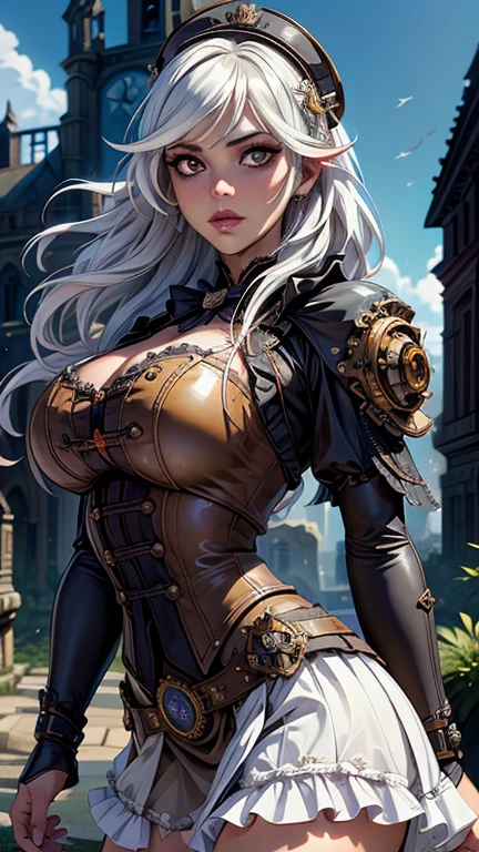 against the background of a fantastic steampunk city, (steampunk Lolita miniskirt :1.4) ,(vestido white Lolita :1.4),(cabello largo white canoso :1.4), expressive eyes, perfect face, dynamic scene, dynamic light, high quality, digital painting, golden ratio, award winning, professional, highly detailed, intricate, volumetric lighting, gorgeous, masterpiece, sharp focus, depth of field, unreal engine, perfect composition, digital art on pixiv, artstation, 32k, hdr, ,(Fondo de ruinas de mazmorra en ruinas:1.4 ), More detailed 8K.motor irreal:1.4,UHD,La mejor calidad:1.4, fotorrealista:1.4, textura de la piel:1.4, obra maestra:1.8,obra-prima, mejor calidad,objeto Objeto], (detailed face features:1.3),(Las proporciones correctas),(Ojos hermosos azules),  (pose vaquero)
