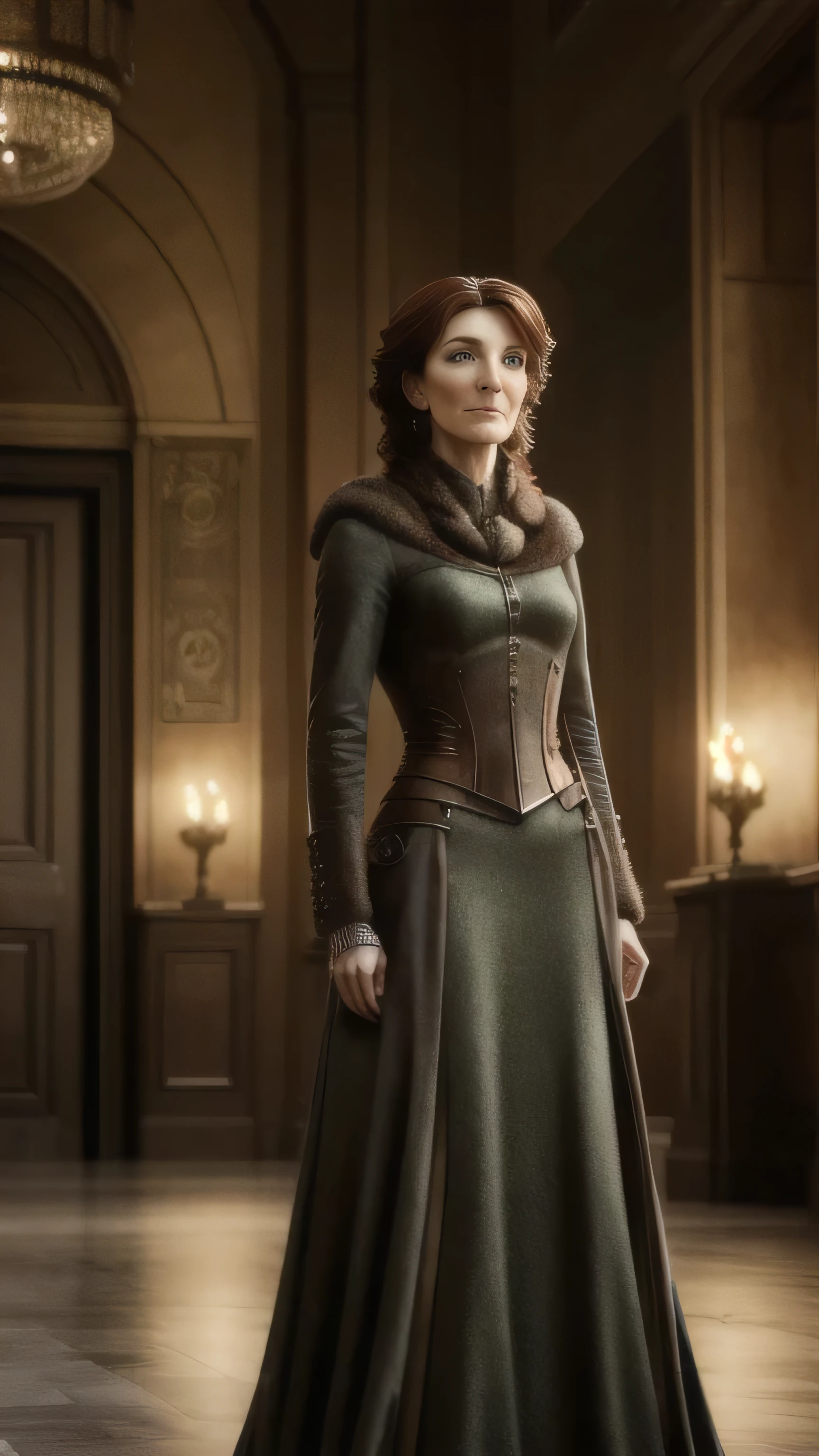 steampunkai, (Michelle Fairley) as Catelyn Stark, green steampunk velvet dress, standing, in a big hall, (1woman), (solo), (full body view), beautiful detailed glow, detailed, cinematic light, intricate detail, realistic, highres, detailed facial features, high detail, sharp focus, smooth, aesthetic, extremely detailed, stamp, octane render