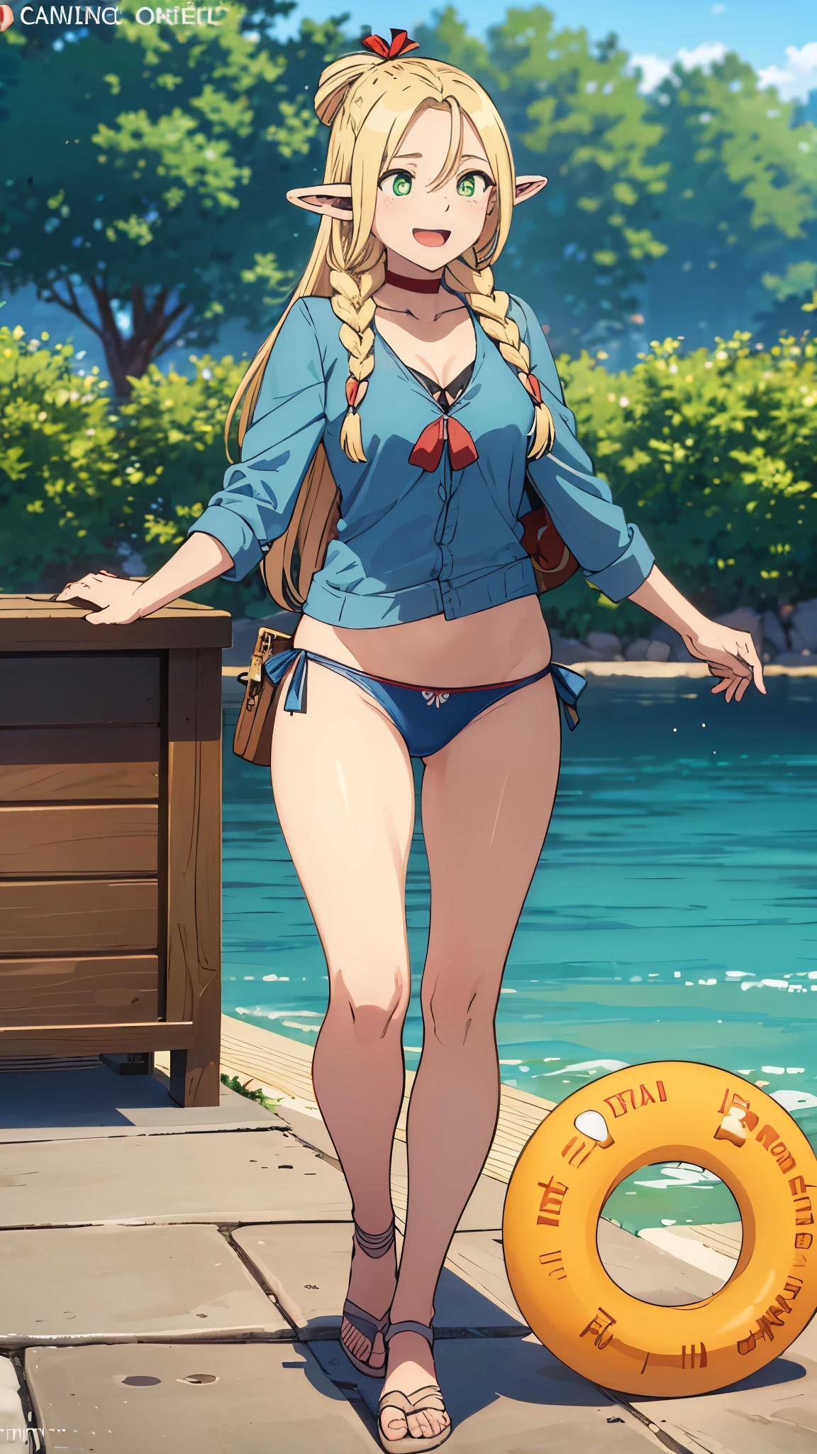 happy face expression, (wearing a bikini, swimming underwear), comics,fantasia,marvel e DC, central park, walking, park background, dmeshimarcil, choker, belt, capele