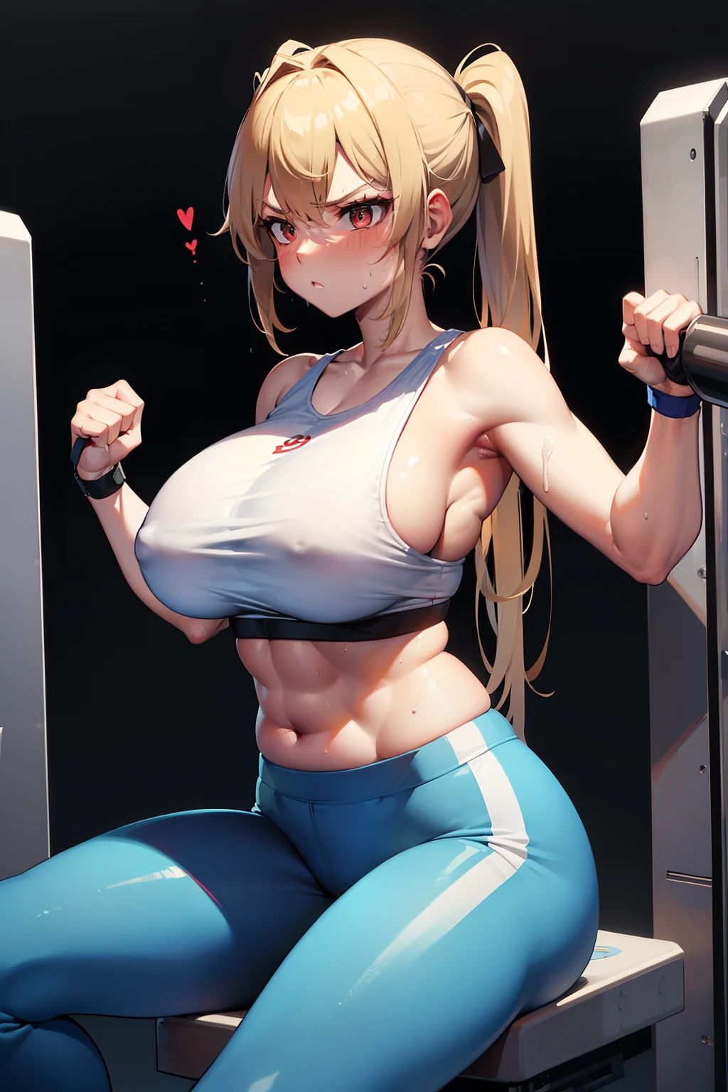 gym, exersice, workout, hot, sweating, sweaty, big , lifting, red eyes,light blue yogapants, light blue clothes, light blue yogapants, light blue top, blonde hair, twin tail, blonde twintailz, angry expression, yogapants , sitting on exercise machine , sexy body, curvy woman, plump, black eyes, red eye makeup, gym, big , gym, exercise machine, sitting on exercise machine, exercise machine.