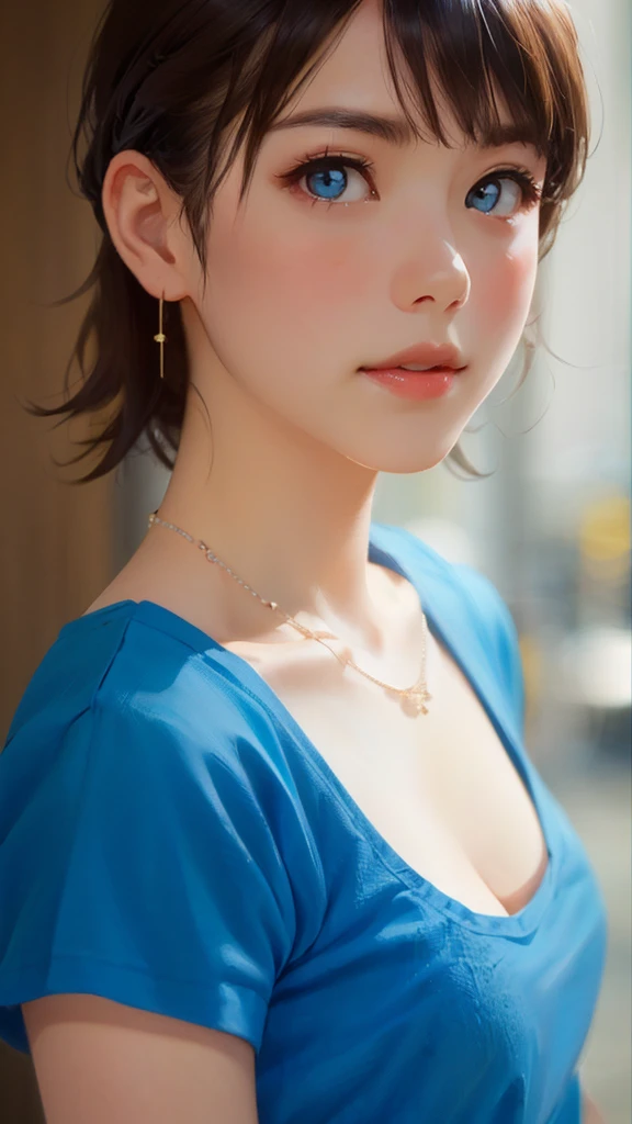 There is a woman wearing a blue shirt and a necklace., Girl cute beautiful face, A lovely and delicate face, Attractive neck, Beautiful and delicate face, by Torii Kiyomoto, 🤤 Portrait of a Girl, 8k art germany bokeh, Portrait Cute-beautiful-face, Soft light from the side