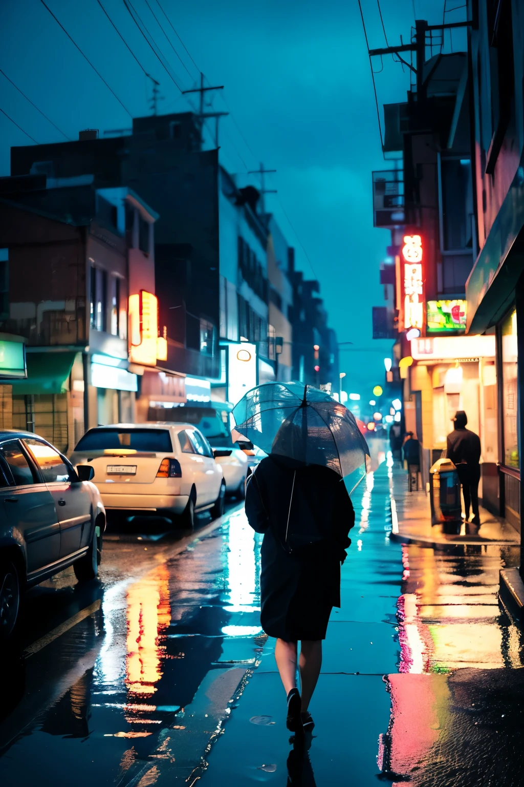 ((highest quality)), ((masterpiece)), (detailed), A lonely back view、Rainy Neon Town、With an umbrella