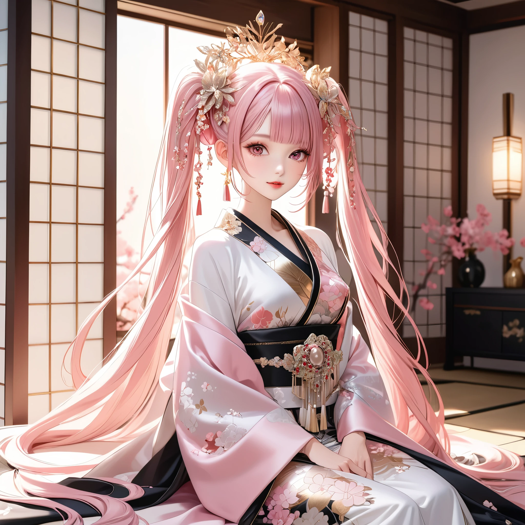 (8K, masutepiece, Highest Quality, Best Quality, Official art, Breathtaking beauty and aesthetics, A highly detailed, The best masterpiece in history that exceeds limits, Breathtaking and beautiful lighting:1.2), (1 Girl, Solo), (16 years old), (Beautiful detailed face), (shiny white skin), (Beautiful detailed pink twin tails hair, Bangs:1.3), (beautiful detailed drooping pink eyes:1.5), break, (Beautiful detailed Luxurious black japanese Princess kimono, Gilt thread, silver thread), break, (Beautiful big bust:1.3), (happy Beautiful Gentle cute innocent smile), (Attractive, amazing, Elegant, Luxurious, Eye-catching, Graceful, Everyone loves it, Beauty that fascinates everyone, Healed, The highest level of complete beauty, cute like an idol, Stylish like a fashion model, Goddess-like grace, Look at the camera, cute pose), (ultra detailed realistic Breathtakingly beautiful Luxurious japanese room:1.2),