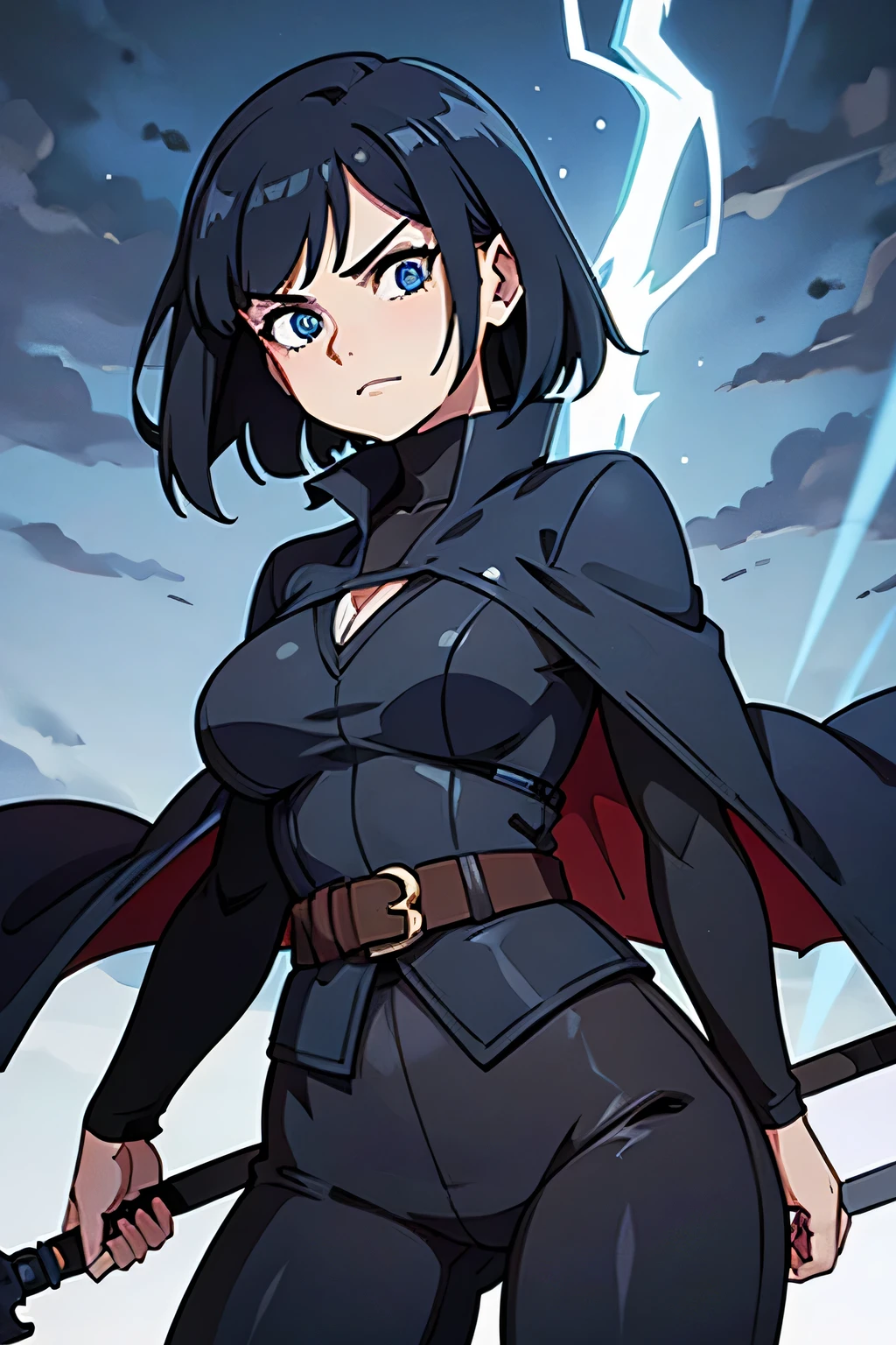 1girl, highly detailed, masterpiece, best quality, correct hands, correct eyes, short black hair, blue eyes, black robes, black pants, blue shirt, black vest, medium breasts, defined curves, smug look, satisfied look, mountain background, in a storm, surronded by lightning, holding a staff, holding a sword, floating above the ground, in the middle of a storm