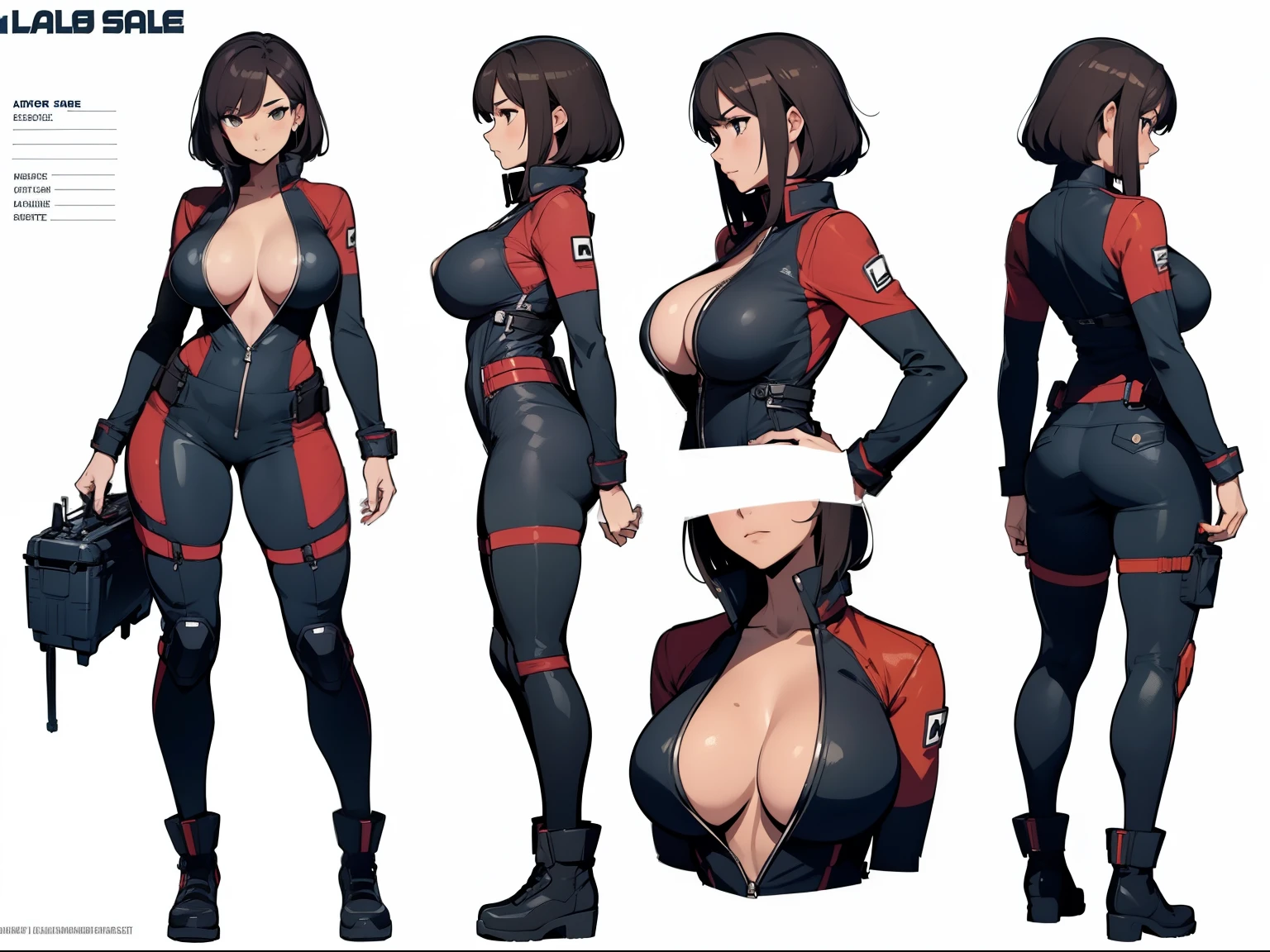 1girl, Solo, Slender, big breasts, beautiful, Young, Little woman, Coveralls,a repairman, tight suit, navel, cleavage, Car, garage, various angles, (front, back, side), character sheet, model sheet, reference sheet.