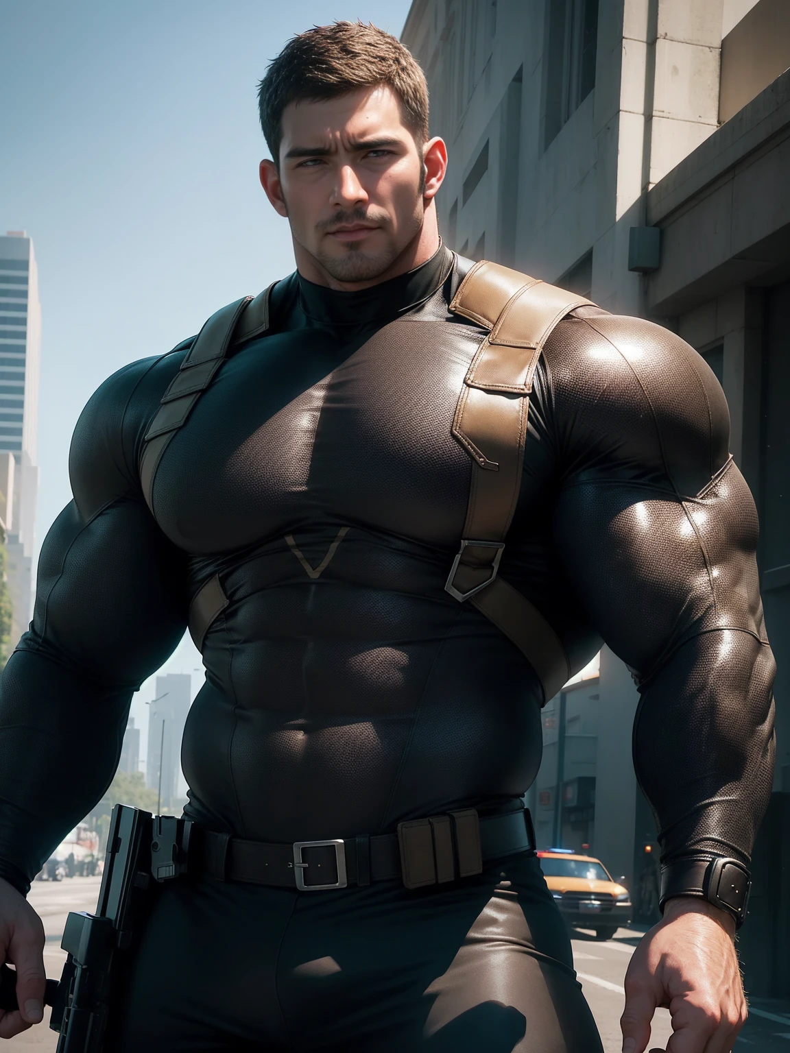 One Tall giant muscular police officer, On the old-style outdoor streets, Wear a brown superhero bodysuit with long sleeves, Elastic spandex material,The expression is arrogant, Lift your chin, Messy hair, Thick thighs, Brown Superhero Bodysuit with Turtleneck and Long Sleeves, very tight, Regular symmetrical pattern, Highlight muscles, Police uniform pants, character concept(Resident Evil - Chris Redfield, Chris Redfield)A proud expression, Deep and charming eyes, Heroic male pose, tall Burly, muscular!muscular thighs, tough guy, perfect facial features, High, Burly, Heqiang, Super polished and cool, High Resolution Committee, Charismatic, The sun is blazing, dazzling