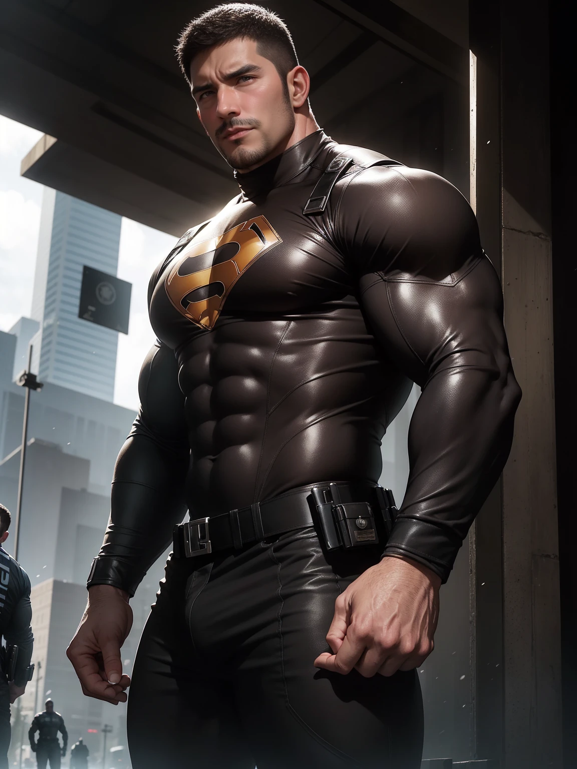 One Tall giant muscular police officer,  On the old-style outdoor streets, Wear a brown superhero bodysuit with long sleeves, Elastic spandex material，The expression is arrogant, Lift your chin, Messy hair, Thick thighs, Brown Superhero Bodysuit with Turtleneck and Long Sleeves, very tight, Regular symmetrical pattern, Highlight muscles, Police uniform pants, character concept（Resident Evil - Chris Redfield, Chris Redfield）A proud expression, Deep and charming eyes, Heroic male pose, tall Burly, muscular！muscular thighs, tough guy, perfect facial features, High, Burly, Heqiang, Super polished and cool, High Resolution Committee, Charismatic, The sun is blazing, dazzling