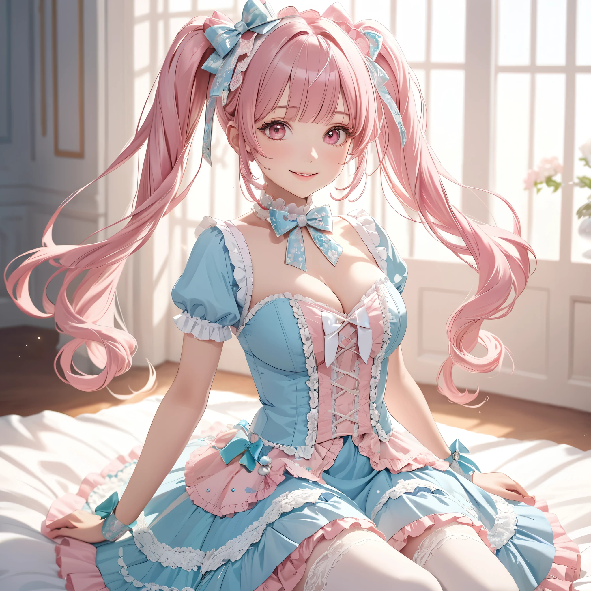 (8k, masutepiece, Best Quality, Official art, beautiful detailed, beautiful lighting, best masterpiece in history that exceeds limits), (1 Girl, solo), (16 years old), (beautiful detailed face), (shiny white skin), (Beautiful big bust, cleavage:1.3), (thighs:1.3), (beautiful detailed pastel pink twin tails hair, bangs:1.3), (beautiful detailed drooping pink eyes:1.5), BREAK, (beautiful detailed white and pastel blue stripe pattern cute Apron, white frill shirt, white frill skirt, bow ribbon, frill, ruffle:1.2), BREAK, (happy smile:1.3), (Attractive, Look at the camera, cute pose), (beautiful detailed fantastic room of magic candy house, decorated cookies and chocolate:1.5)