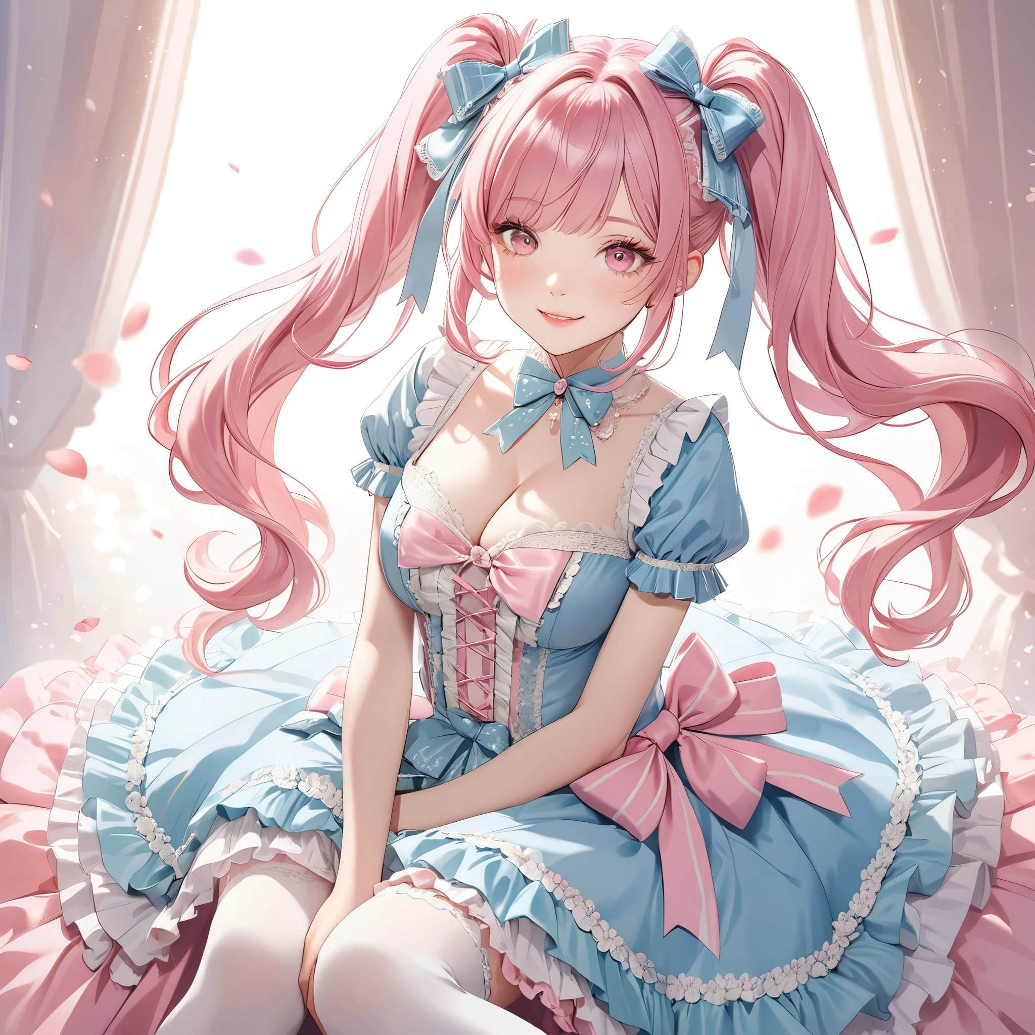 (8K, masutepiece, Highest Quality, Best Quality, Official art, Breathtaking beauty and aesthetics, highly detailed, best masterpiece in history that exceeds limits, Breathtaking and beautiful lighting:1.2), (1 Girl, Solo), (), (Beautiful detailed face), (shiny white skin), (Beautiful big bust, cleavage:1.5), (tights, high_gap, Beautiful detailed garter stockings), (Beautiful detailed pink twin tails hair, Bangs:1.3), (beautiful detailed drooping pink eyes:1.5), break, (Beautiful Sweet Lolita Idol mble, sweet lolita-style pasblue dress, adorned with lace and ribbon details, Puffy, knee-length skirt for a playful and girly look, Decorative bows and lace trims for added frilliness:1.3), (happy Beautiful Gentle cute innocent smile:1.2), (happy, Attractive, amazing, Beautiful, Elegant, Luxurious, magnifica, Eye-catching, Graceful, Everyone loves it, Healed, cute like an idol, Stylish like a fashion model, Goddess-like grace, Look at the camera), breathtaking scenery, (ultra detailed realistic Breathtakingly beautiful spring flower field, colorful petals dancing for wind, butterfly, blue sky:1.3),