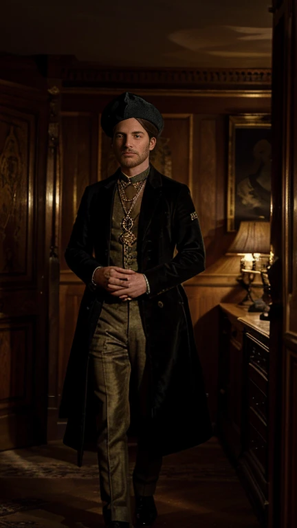 Manor house at night, moonlight, Male medieval baron, rich, splendid clothing, jewellery, gold necklace, velvet beret, house has animal trophies on walls