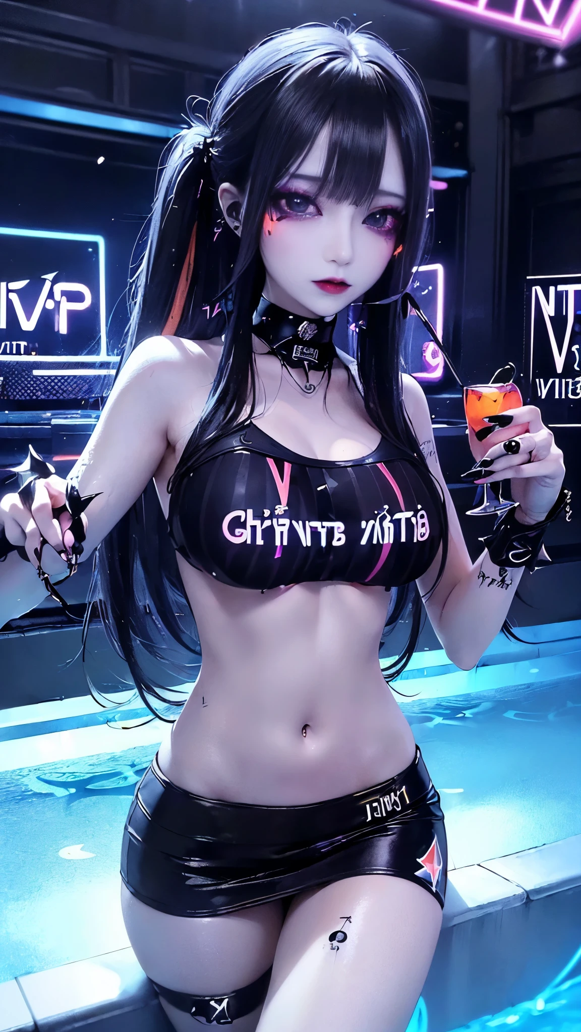 (sfw, masterpiece, highest quality, highest quality, Official Art, beautifully、beautiful:1.2), Cinema Lighting、(Key light at 45 degrees from the front,Orange Fill Light、Soft Blue Backlight、Strong Shadows、Blue and orange color palette), Accurate human body、Knowledgeable person、Correct five-finger、RAW Photos、 4K - ultra-vivid、highest quality, masterpiece, Ultra-high resolution, (reality: 1.4),
(Oilskin,Glowing Skin、Realistic skin texture、Beautiful skin in every detail), (long black straight hair:1.2), (jirai type make UP:1.5), ((Little devil's smile:1.3, Laughing with your mouth open))、((Big Breasts、Sexy Bikini)),
(night:1.8), (((nightclub Night pool:1.3))), Drinking alcohol from a glass bottle