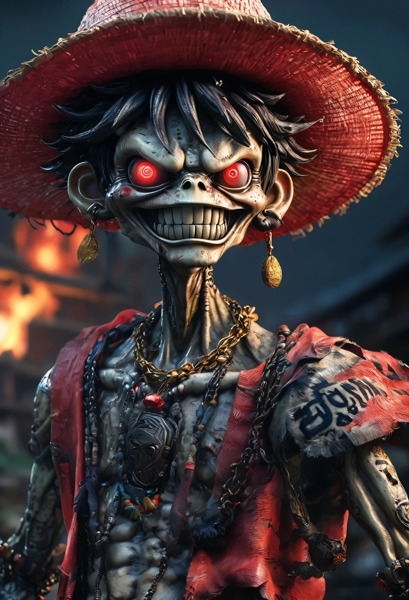 Alien robot Luffy, solo,angry expression, metallic earrings and necklace, high-end digital Red Cliff art, worn-out straw hat, tattered clothes, scars on the face, black tattoos on the body, full body, slippers, weathered craftsmanship, terrifying, (best quality, 4k acetate rendering, 3D rendering), ultra-detailed, (realistic, photorealistic:1.37), HDR, UHD, studio lighting, ultra-fine painting, sharp focus, physically-based rendering, extreme detail description, professional, vivid colors, bokeh.