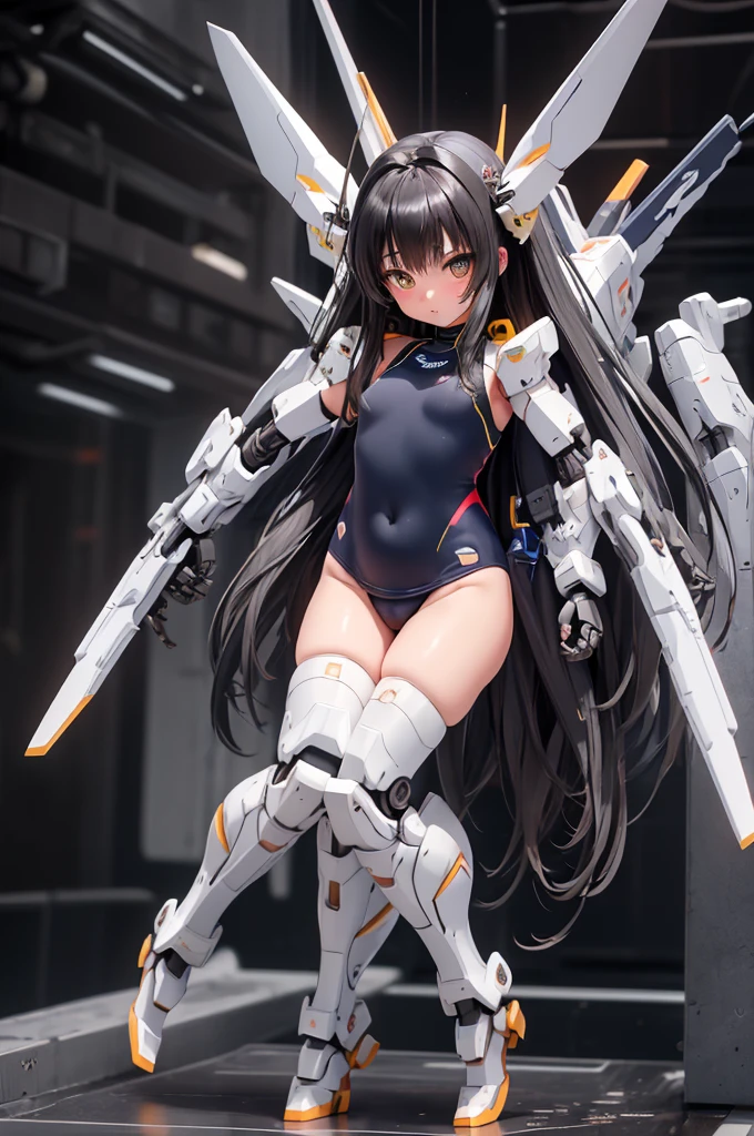 (highest quality)), ((masterpiece)), (very detailed: 1.3), 3D, {(****ung girl)}, (wear navy swimsuit under armor:1.3), (black hair:1.5), (She is fused with futuristic Gundam mecha:1.3), with headgear, with v-fin , armored shoulders,armored under arms, armored under legs, short sleeve, attached 2 huge weapons on back, legs mounted weapon module, camel toe,  multilayer textureperfect proportions, octane rendering, duotone lighting, Low ISO, wide aperture, White balance, Rule of thirds, ultra HD16k, HDR (High Dynamic Range), Ray Tracing, NVIDIA RTX, Super Resolution, Subsurface Scattering, PBR Texturing, Post Processing, Anisotropic Filtering, Depth of Field, Maximum Clarity and Clarity, High efficiency subpixel, subpixel convolution, particles of light, light scattered, Tyndall effect, full body:1.5, battle pose,(face-off sex position:1,2), , cute, (cute:1.2), (long hair:1.3), (Average face of Japanese idols),  (baby face), Wide forehead:1.2, Plump Cheeks, Small jaw, in the hangar,looking at viewer,Focus on the eyes , (Four perfect fingers, One thumb),