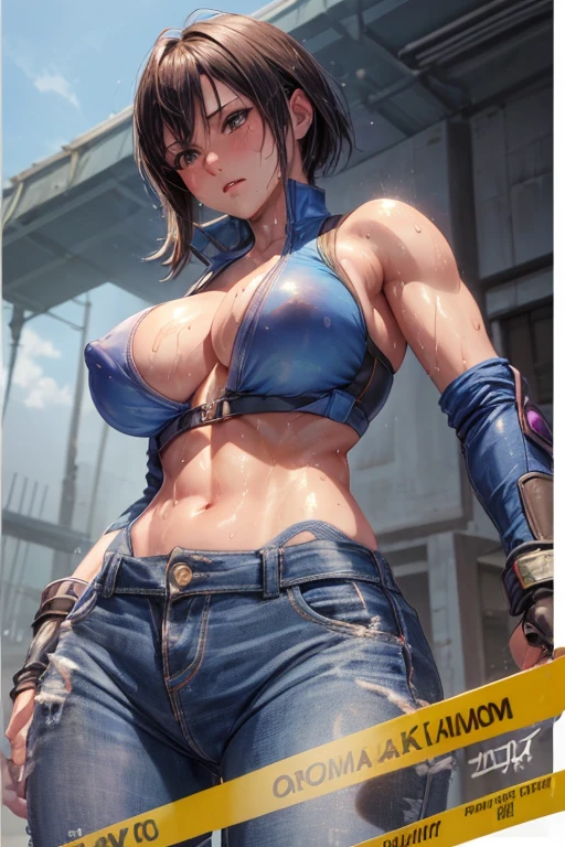 Browsing Caution, (Best image quality,highest quality,Highest Resolution, Ultra-Realistic Images,Very detailed,masterpiece),Asuka Kazama,Kazama Asuka,((Sticky with sweat)),Big Breasts, Erect nipples, ((Exposing the breasts)),(((Showing off your breasts))),jeans, Abdominal muscles, blush, Eyes in Love, Dynamic pose ,Browsing Caution,