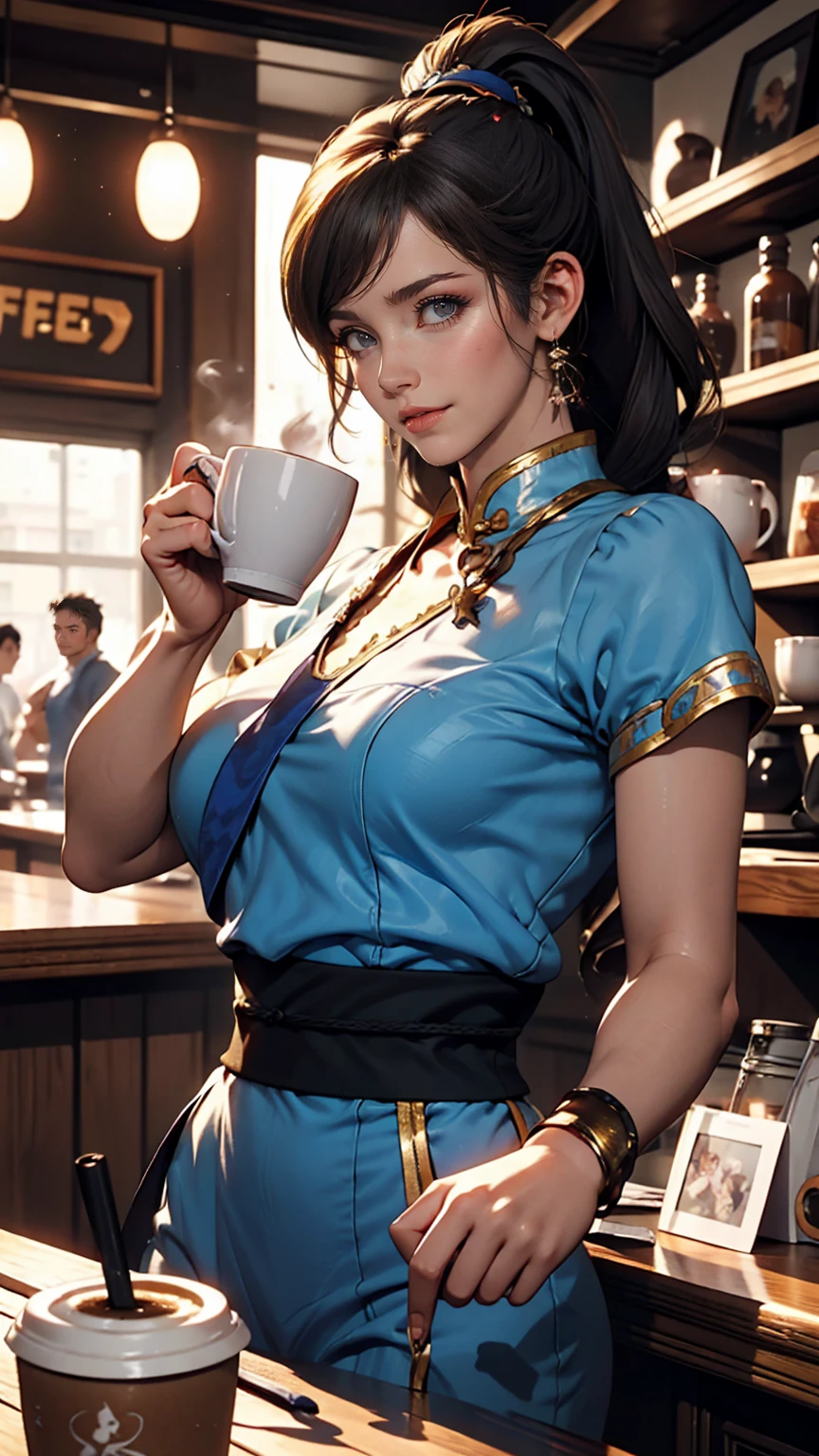 Capcom「Street Fighter」Chun-Li and Rainbow Mika、Drinking coffee together at a coffee shop