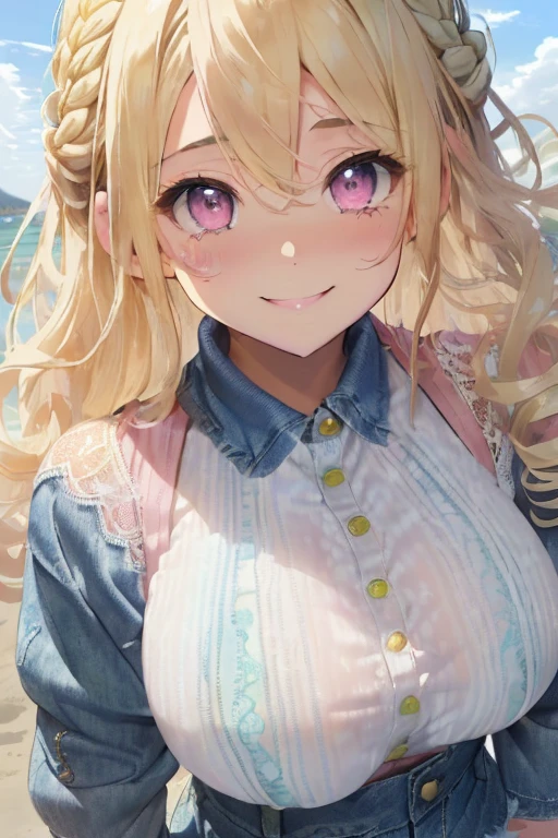 (blonde:1.3),(Fluffy curly hair:1.4),(Braided hair:1.3),(With bangs),(Pink Eyes:1.25),A slight red tide,(Beautiful breasts overflowing from the clothes:1.3),(eyes are shining brightly:1.2),(Eye size:1.7),(Commemorative photo style:1.3),(Smiling and looking at the camera:1.25),(Soft sunlight:1.3),(A soft atmosphere in the sky:1.25),(Hair blowing in the wind:1.3),(A kind smile:1.3),(Cute pose:1.4),(Striped long sleeve outfit:1.35),(Clothes with lace:1.3),(Volume shorts made of denim:1.35),(Face close-up:1.4),(white, Light blue and yellow green),