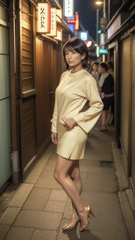 (Beautiful woman, High resolution, Wallpaper 8K Screen, highest quality, Real, Super fine, Exquisite and perfect dynamic composition, (Profile of a Japanese mature woman passing by in an alley), (Shinjuku Golden Gai at night: 1.4) , (Busy), (Narrow alley lined with izakayas), (Detailed background), (Casual wear: 1.4), (60 year old Japanese mature woman), (Realな肌の質感), (Rough overall skin texture: 1.3), (Dull skin: 1.1), (Unmoisturized skin: 1.2), (Skin wrinkles: 0.9), (Wrinkles around the eyes: 1.2), double eyelid, Tear bags under the eyelids, Serious expression, Deep and beautiful eyes, Short bangs, Natural hair movement, (Profile turned around), High heels、Glamorous body, (Full body portrait: 1.4), (Angle from the legs),