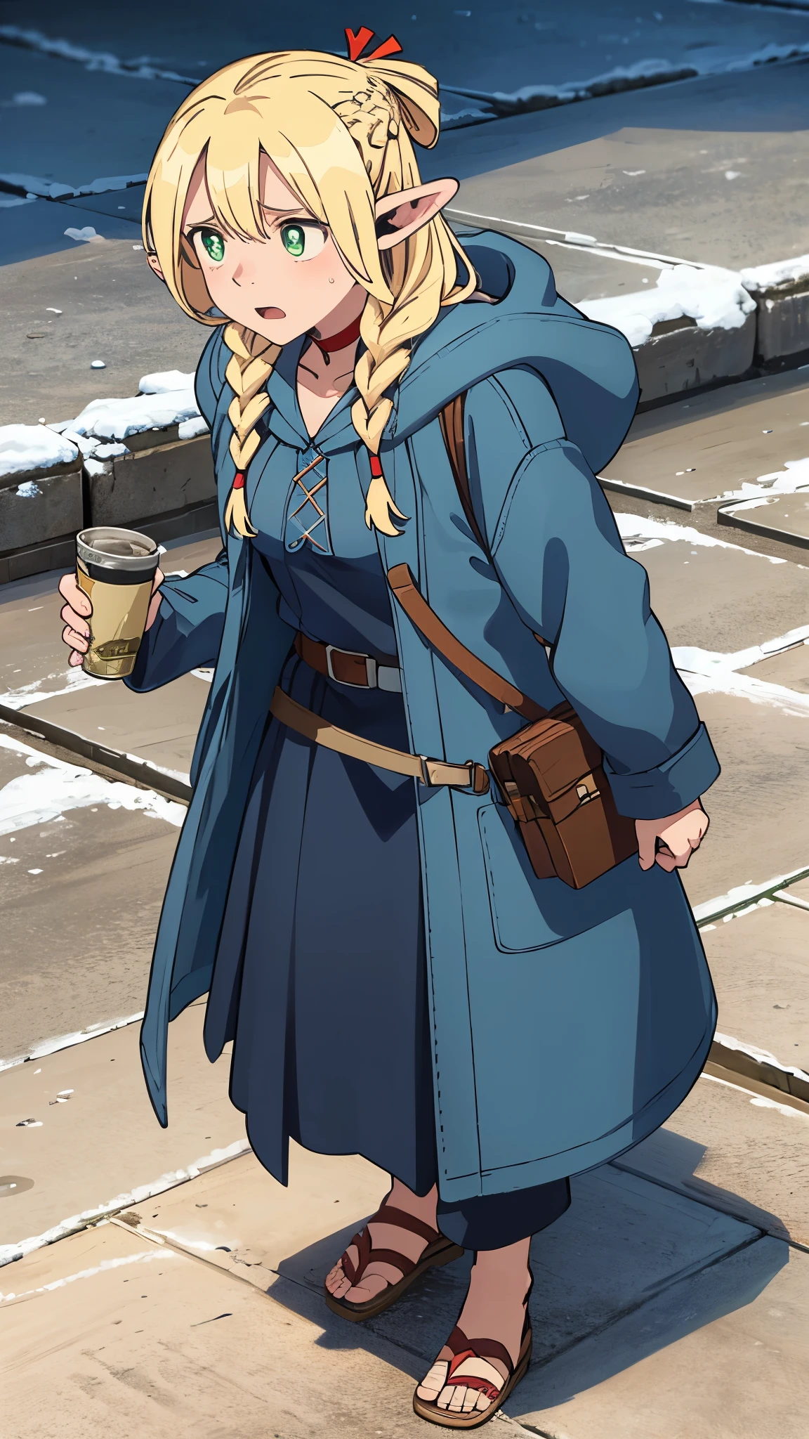 tired expression, cold, (wearing a parka, winter jacket, warm clothes), comics,fantasia,marvel e DC, blizzard, walking, snow background, dmeshimarcil, choker, belt, capele