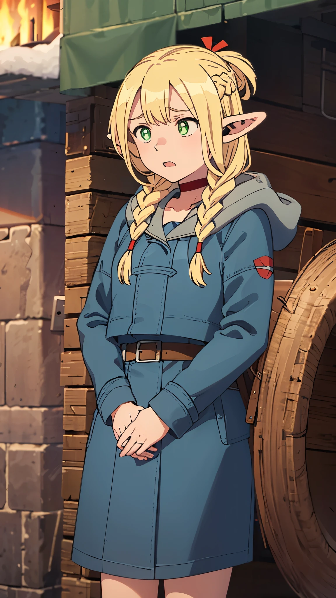 tired expression, cold, (wearing a parka, winter jacket, warm clothes), comics,fantasia,marvel e DC, blizzard, walking, snow background, dmeshimarcil, choker, belt, capele