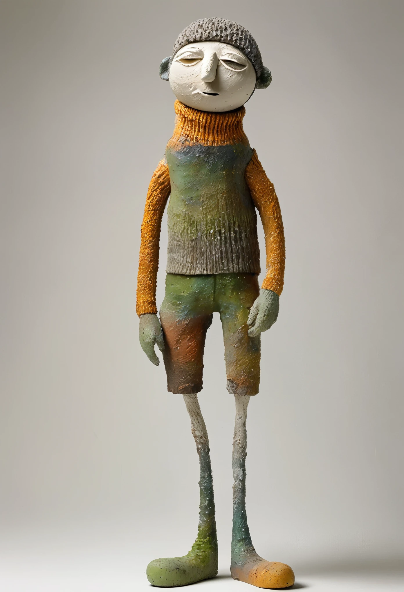 (best quality:1.2),ultra-light Clay, Clay, Pottery, Rough knitted texture, distressed, dirty, mineral pigments, 3D Clay sculpture art, Clay sculpture, Rough surface, (Art work，Pee Herman, as a sock puppet,Long legs，concept art,)