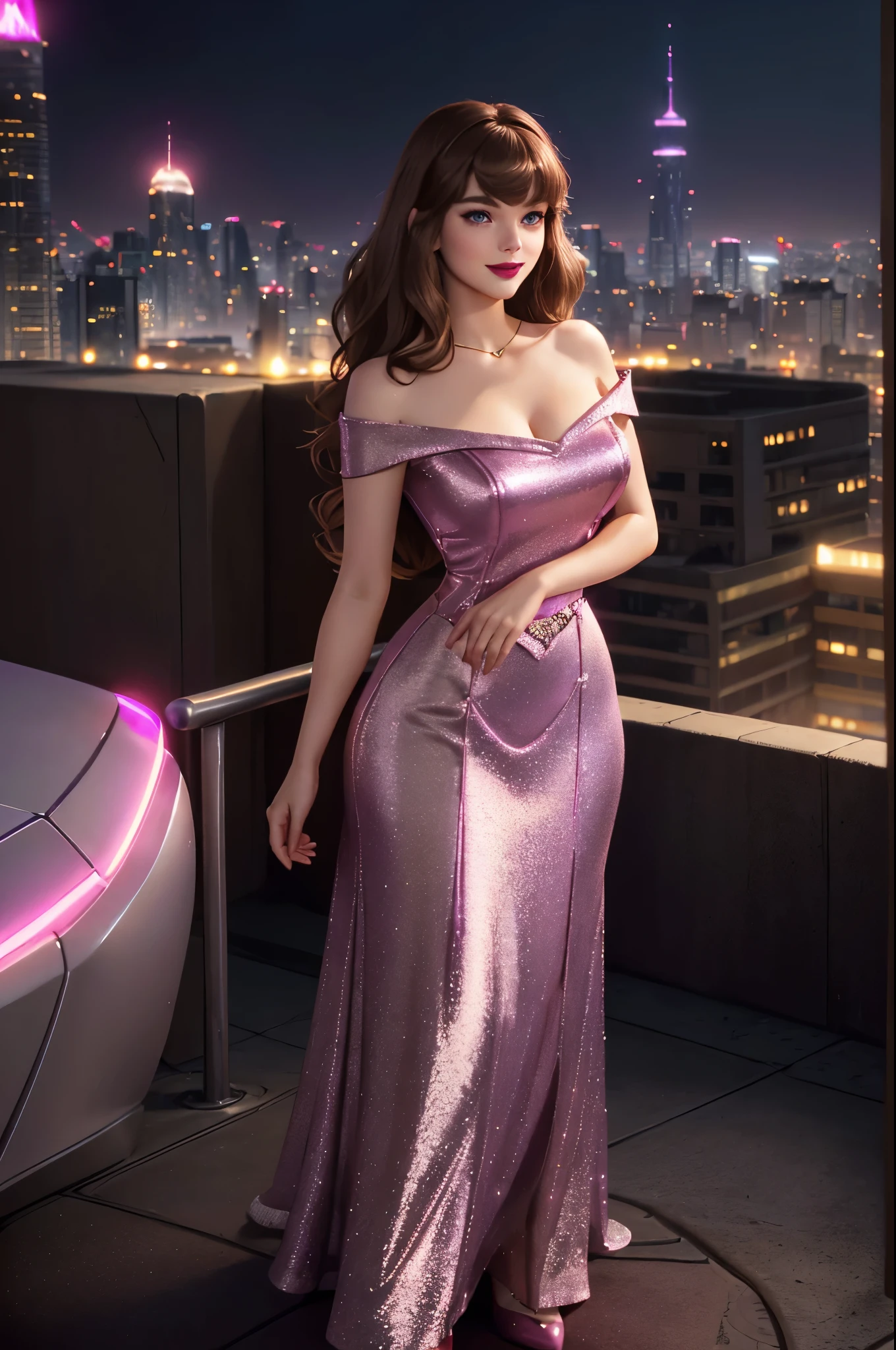 DisneyAurora 27 years old, ((( Taylor Swift:Emma Stone:0.7))) Beautiful woman (((shoulder length wavy light brown hair))) (bangs:1.2) (sparkling magenta dress, long skirt) iridescent clothing (purple eyes) defined body, Red lipstick, smiling, hands free, standing, high tech cyberpunk city rooftop, night, (huge_breasts:1.2) (curvy:1.2)
