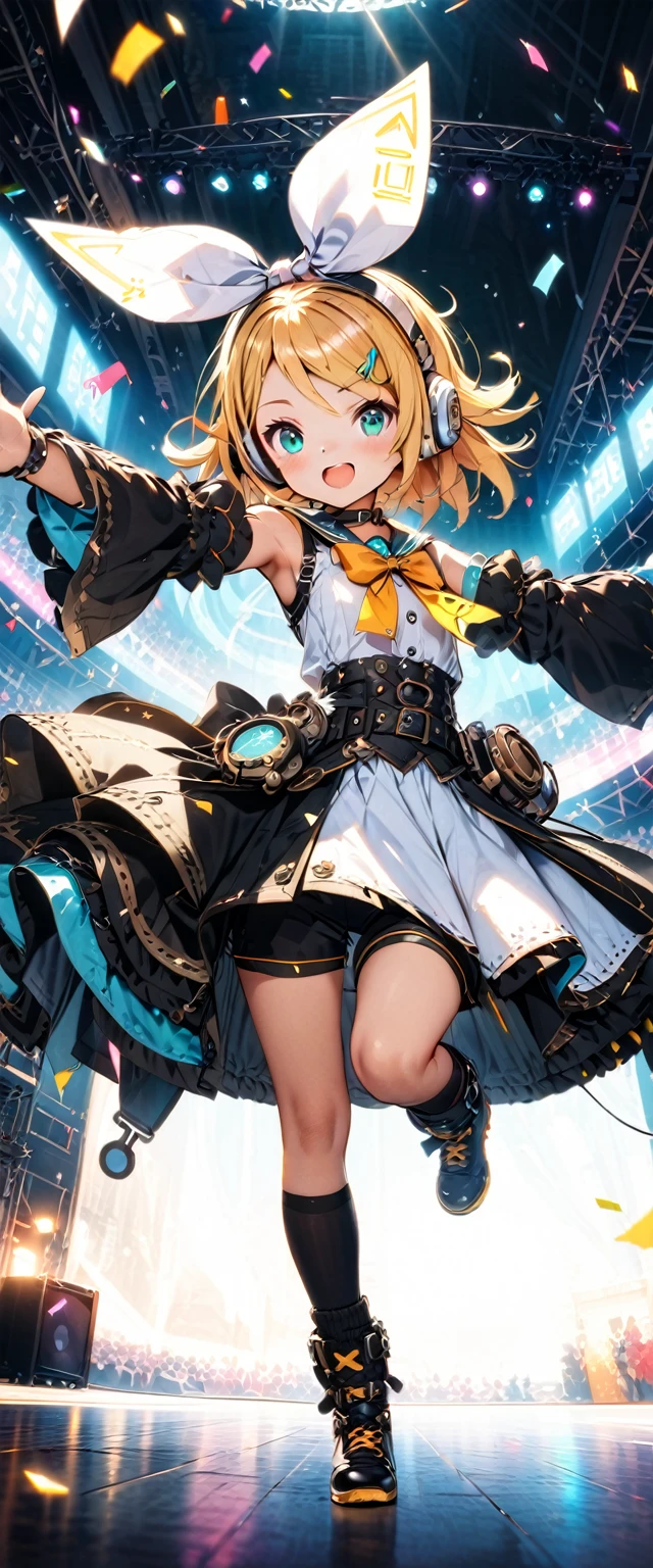 KAGAMINE RIN\(vocaloid\),solo,1female\(cute,kawaii,age of 10,KAGAMINE RIN\(vocaloid\),light yellow hair, short hair,red tattoo of numbers"02" on shoulder,(big white bow:1.3),sleeveless white shirt,detached black arm bell sleeves,(arm sleeves are black bell sleeves:1.2),belt,sailor collar,yellow wide tie,white headphones,black shorts,black  knee high leg warmers,yellow key strap at belt,open shoulder,singing and dancing,(very cute pose),(korean idol pose),dynamic pose,(cute big smile),(full body),looking away\), BREAK ,background\((live stage),colorful confetti,pastel color spotlights,(many colorful music notes),(many audience waving yellow glow sticks at audience seats),\), BREAK ,quality\(8k,wallpaper of extremely detailed CG unit, ​masterpiece,hight resolution,top-quality,top-quality real texture skin,hyper realisitic,increase the resolution,RAW photos,best qualtiy,highly detailed,the wallpaper,cinematic lighting,ray trace,golden ratio\),RIN is so so cute,dynamic angle,long shot,wide shot,(aerial view:0.3)