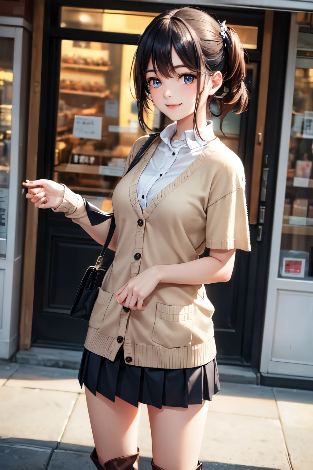 very cute and beautiful girl,(highly detailed beautiful face and eyes),white blouse,
(smile:1.2),cowboy shot,looking at viewer,
(beige cardigan,short sleeve:1.2) BREAK zettai ryouiki,brown shoulder bag,(brown boots),
stylish pose,hair ornament,black hair,(pleated black mini skirt:1.2),
standing in front of cake shop show window,downtown street,crowd,people,
(best quality,masterpiece),absurdres,highres,ultra-detailed,extremely detailed,32k,8k resolution,
intricate details,cinematic scene,detailed background,solo,dynamic angle,
natural lighting,hair fluttering in the wind,beautiful detailed sky,