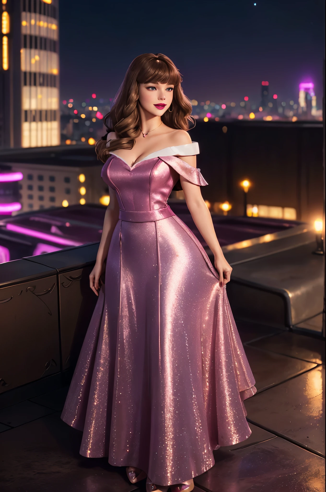 DisneyAurora 27 years old, ((( Taylor Swift:Emma Stone:0.7))) Beautiful woman (((shoulder length wavy light brown hair))) (bangs:1.2) (sparkling magenta dress, long skirt) iridescent clothing (purple eyes) defined body, Red lipstick, smiling, hands free, standing, high tech cyberpunk city rooftop, night, (huge_breasts:1.2) (curvy:1.2)

