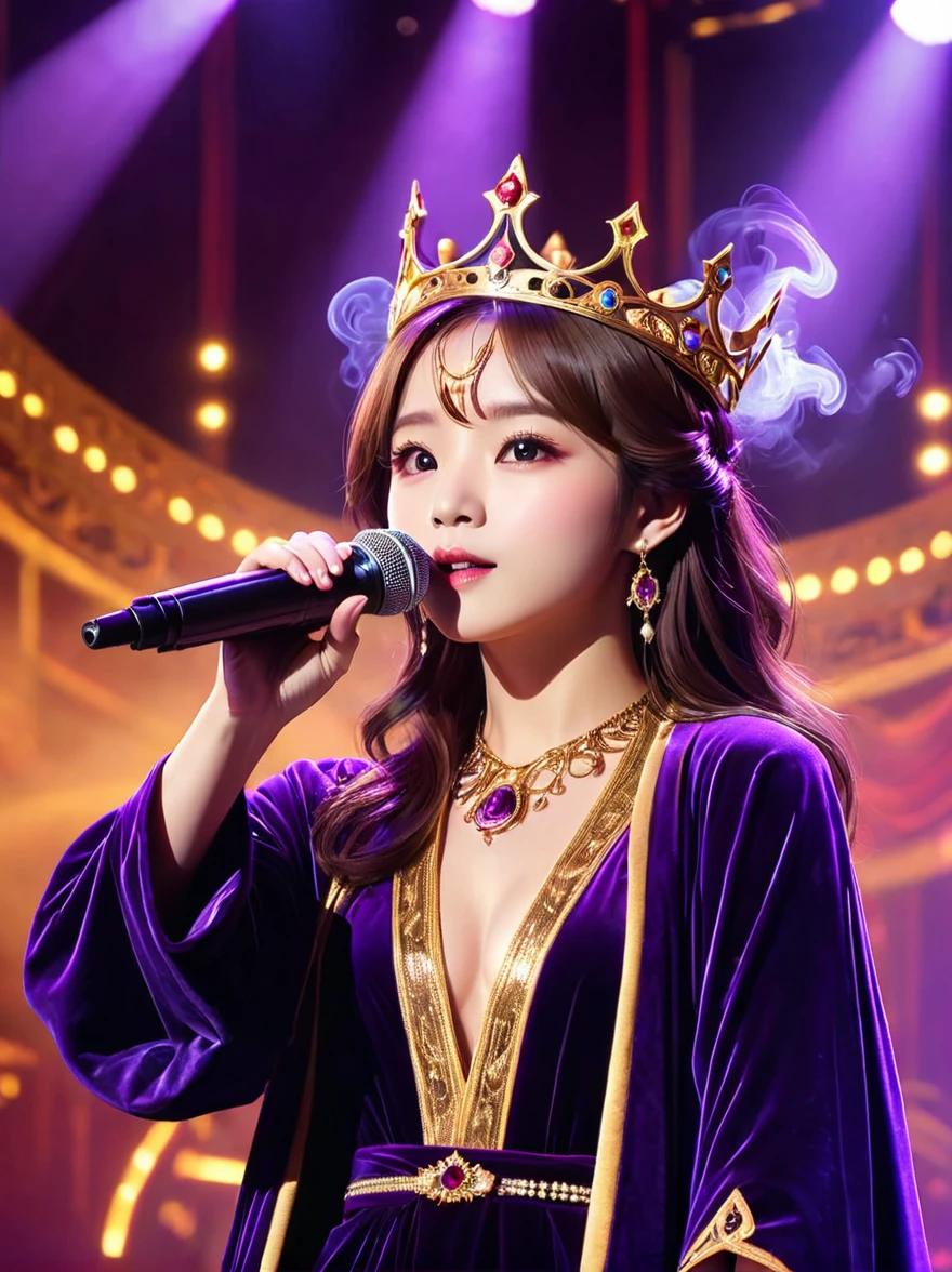 (Vision:1.5)，1girl, concert，audience, (Idol stage)，weekend，站在金碧辉煌的Idol stage上，Wearing a golden crown，Dressed in a royal purple velvet robe，Wearing exquisite jewelry，Under the stage lights，A confident expression，The slim microphone fits in your hand，The stage is filled with smoke，Lights focus on people，It creates a mysterious and charming atmosphere，Beautiful eyes and lips，Even more attractive against the shadow background，Laser shows and moving stage effects complement the pulsating neon lights，Create a vibrant performance atmosphere，The stage floor is gleaming，The crowd was enthusiastic，Warm atmosphere，Eye-catching stage design，Full of technology，World-class production standards，Bringing a modern entertainment experience，Music and images blend perfectly，Demonstrating artistic expression and musical talent，The charming stage style makes people intoxicated，Best quality，8K, high resolution，masterpiece，Photorealistic effects