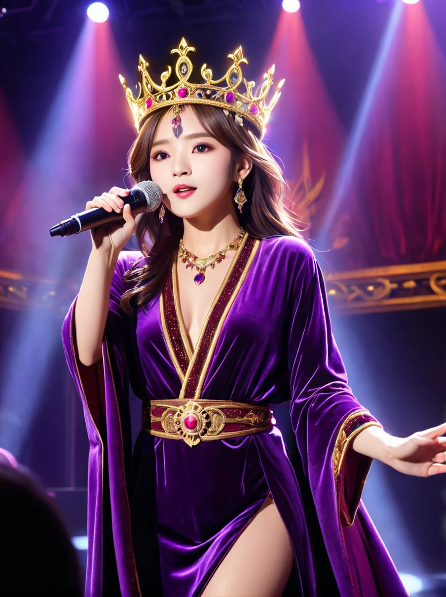 (Vision:1.5)，1girl, concert，audience, (Idol stage)，weekend，站在金碧辉煌的Idol stage上，Wearing a golden crown，Dressed in a royal purple velvet robe，Wearing exquisite jewelry，Under the stage lights，A confident expression，The slim microphone fits in your hand，The stage is filled with smoke，Lights focus on people，It creates a mysterious and charming atmosphere，Beautiful eyes and lips，Even more attractive against the shadow background，Laser shows and moving stage effects complement the pulsating neon lights，Create a vibrant performance atmosphere，The stage floor is gleaming，The crowd was enthusiastic，Warm atmosphere，Eye-catching stage design，Full of technology，World-class production standards，Bringing a modern entertainment experience，Music and images blend perfectly，Demonstrating artistic expression and musical talent，The charming stage style makes people intoxicated，Best quality，8K, high resolution，masterpiece，Photorealistic effects