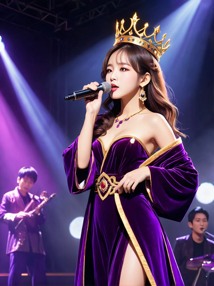 (Vision:1.5),1girl, concert,audience, (Idol stage),weekend,站在金碧辉煌的Idol stage上,Wearing a golden crown,Dressed in a royal purple velvet robe,Wearing exquisite jewelry,Under the stage lights,A confident expression,The slim microphone fits in your hand,The stage is filled with smoke,Lights focus on people,It creates a mysterious and charming atmosphere,Beautiful eyes and lips,Even more attractive against the shadow background,Laser shows and moving stage effects complement the pulsating neon lights,Create a vibrant performance atmosphere,The stage floor is gleaming,The crowd was enthusiastic,Warm atmosphere,Eye-catching stage design,Full of technology,World-class production standards,Bringing a modern entertainment experience,Music and images blend perfectly,Demonstrating artistic expression and musical talent,The charming stage style makes people intoxicated,Best quality,8K, high resolution,masterpiece,Photorealistic effects