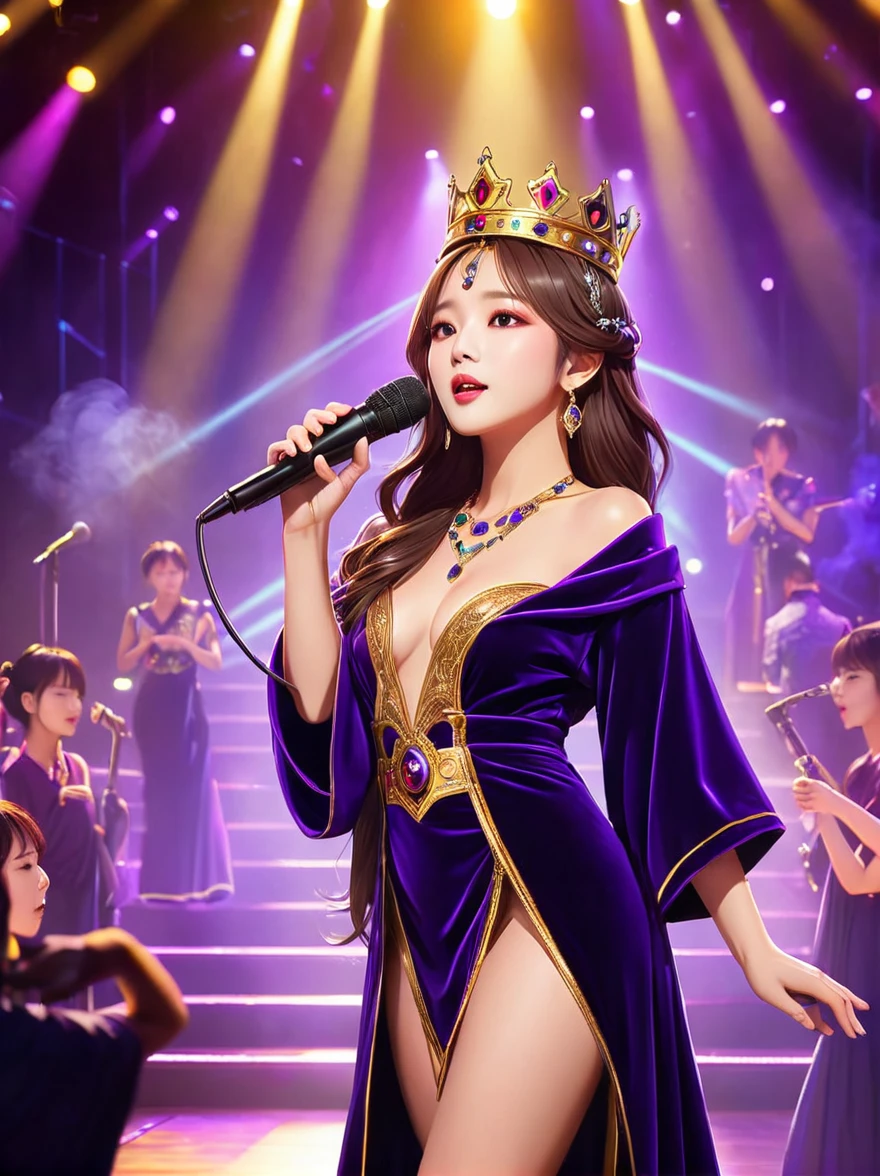 (Vision:1.5),1girl, concert,audience, (Idol stage),weekend,站在金碧辉煌的Idol stage上,Wearing a golden crown,Dressed in a royal purple velvet robe,Wearing exquisite jewelry,Under the stage lights,A confident expression,The slim microphone fits in your hand,The stage is filled with smoke,Lights focus on people,It creates a mysterious and charming atmosphere,Beautiful eyes and lips,Even more attractive against the shadow background,Laser shows and moving stage effects complement the pulsating neon lights,Create a vibrant performance atmosphere,The stage floor is gleaming,The crowd was enthusiastic,Warm atmosphere,Eye-catching stage design,Full of technology,World-class production standards,Bringing a modern entertainment experience,Music and images blend perfectly,Demonstrating artistic expression and musical talent,The charming stage style makes people intoxicated,Best quality,8K, high resolution,masterpiece,Photorealistic effects