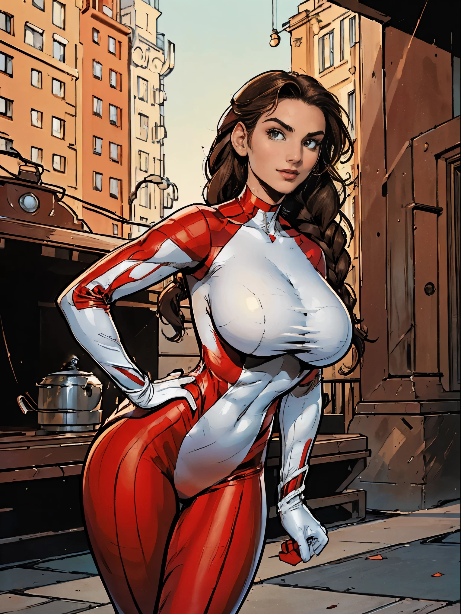 (masterpiece, top quality, best quality, official art, beautiful and aesthetic:1.2), (1girl:1.3), brown hair, braid, extremely detailed, portrait, looking at viewer, solo, (full body:0.6), detailed background, close up, mischievous eyes, (warm city superhero theme:1.1), pleasant smile, brunette, aquiline nose, green eyes, braid, ((gigantic breasts)), (thin), athletic, superhero. Wearing a sleek, satin (high-neck) (sleek white and red striped bodysuit), ((red sleeve stripes, red leg stripes)), (white sides, red center), modest, fully-covered, long red gloves, long red boots, slim waist, slim hips, long legs, modern (city street exterior:1.1) detailed background, bright optimistic lighting, shadows, magical atmosphere, dutch angle