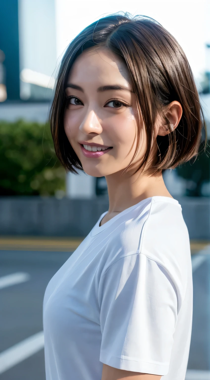 dress、(Photorealistic:1.4)、(Hyperrealistic:1.4)、(Real:1.3)、(Smooth lighting:1.05)、(Cinema lightingImprovement of quality:0.9)、At 32K、1 Girl、20 year old girl、Realistic lighting、Backlighting、Face light、Ray-tracing、(Bright light:1.2)、(Improvement of quality:1.4)、(Highest quality real texture skins:1.4)、Fine grain、Detailed face、A careful eye for quality、(tired, Sleepy and satisfied:0.0)、 Close-up of face、white sports t-shirt、、(Enhances the beauty of skin texture:1.1)、((Imada Mio))、Concrete background、Very short hair with uniform shape on both sides、Upper White、Training at the gym、A sloppy smile